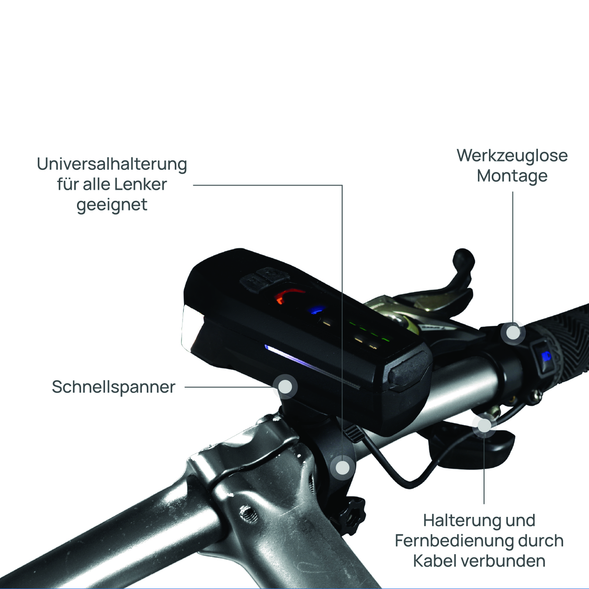 Fahrradlicht mit Lenkerhalterung. Es ist schwarz, mit einem Knopf und Steuerkabeln. Textanmerkungen kennzeichnen Merkmale.