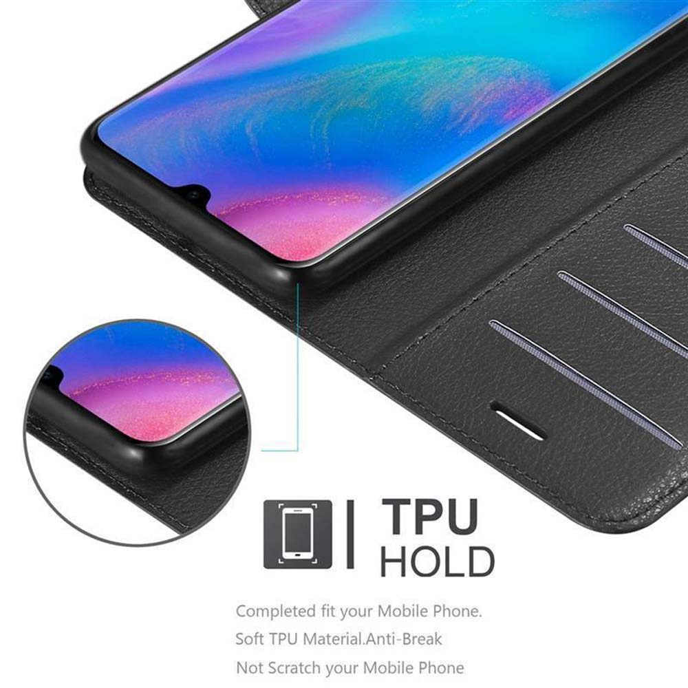 Ein schwarzes Telefon in einer Hülle im Folio-Stil mit Kartenfächern und Text.