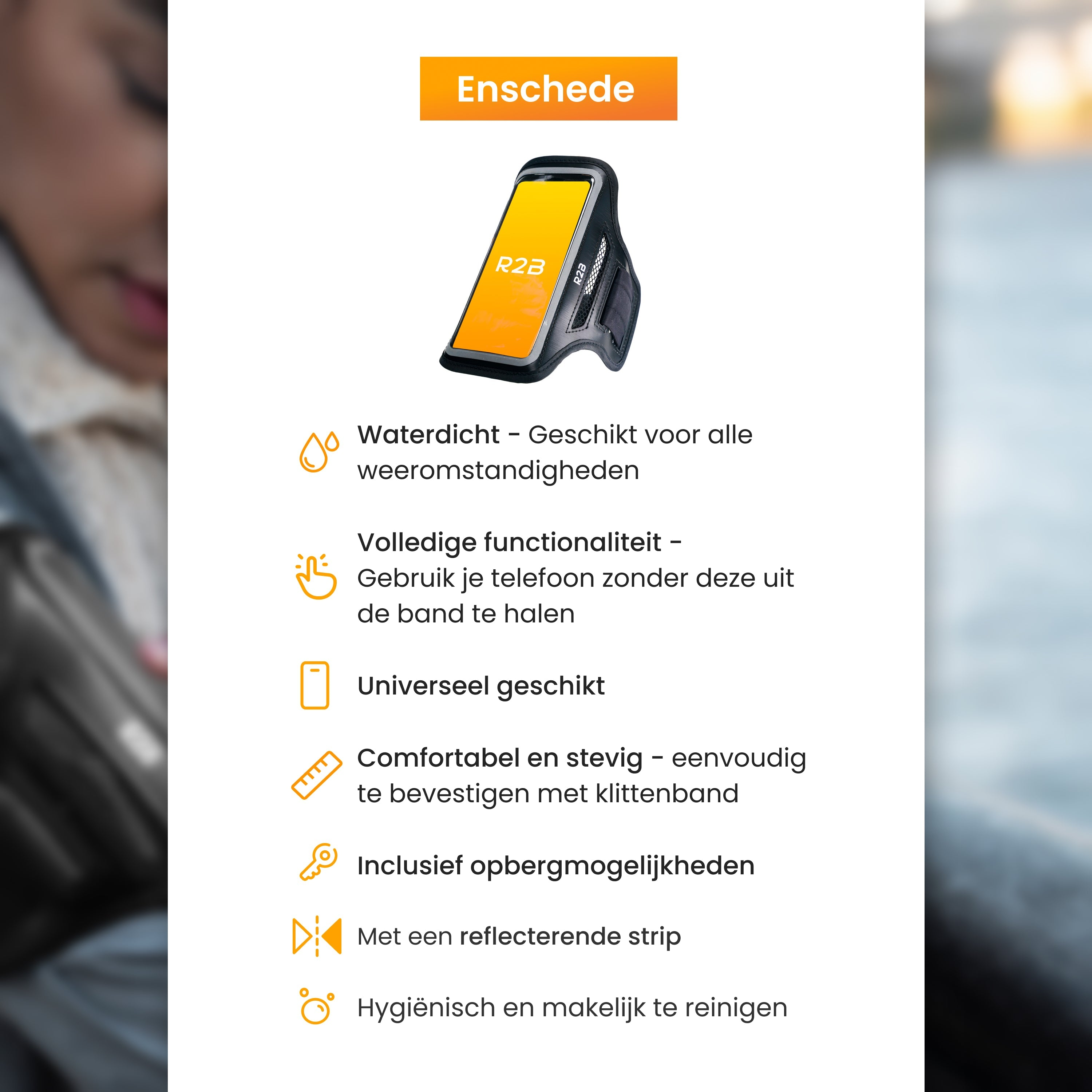 Image montre un téléphone dans un brassard noir avec texte orange et icônes, y compris résistance à l'eau.