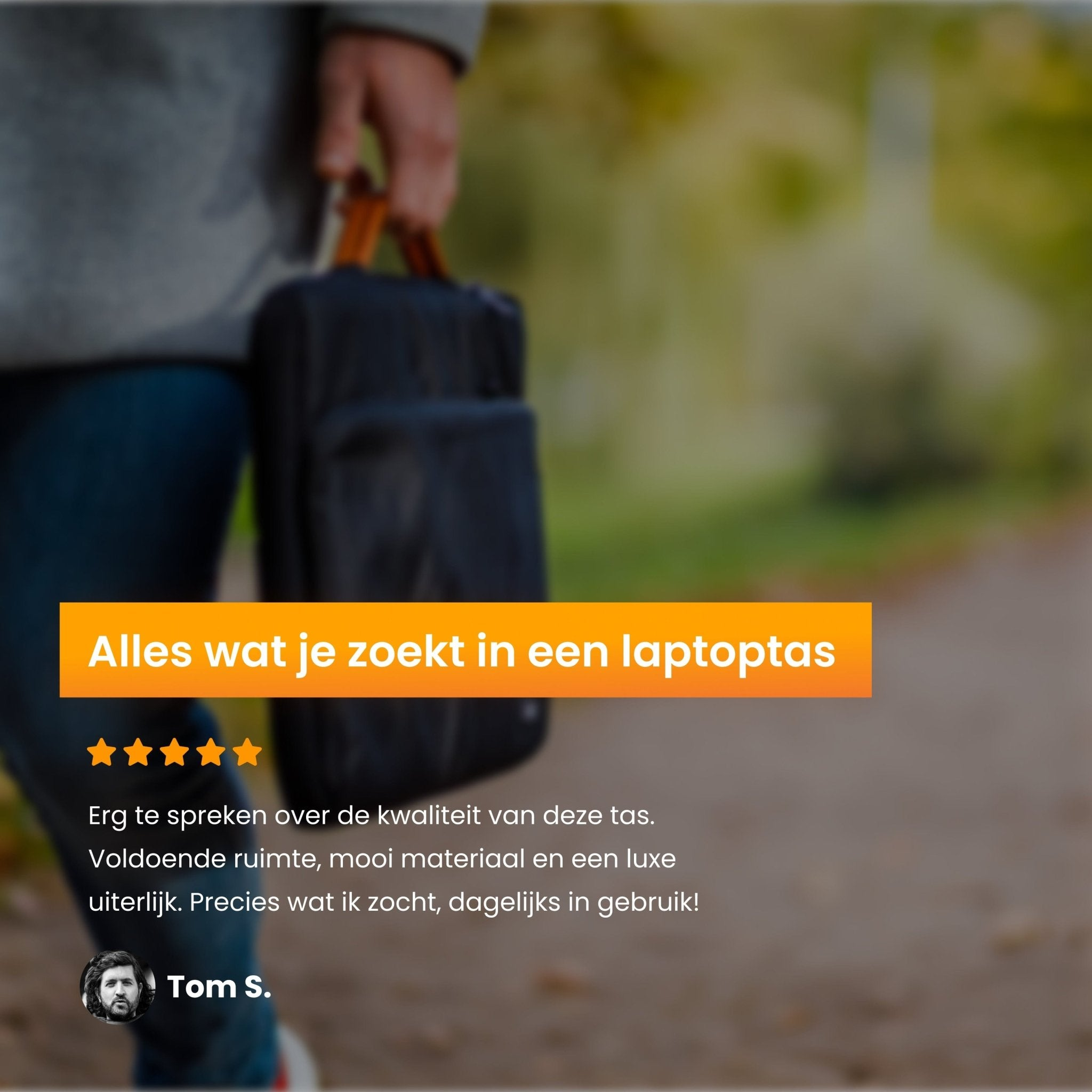 Personne tenant un sac pour ordinateur portable noir. Superposition de texte : 'Tout ce que vous recherchez dans un sac pour ordinateur portable'.