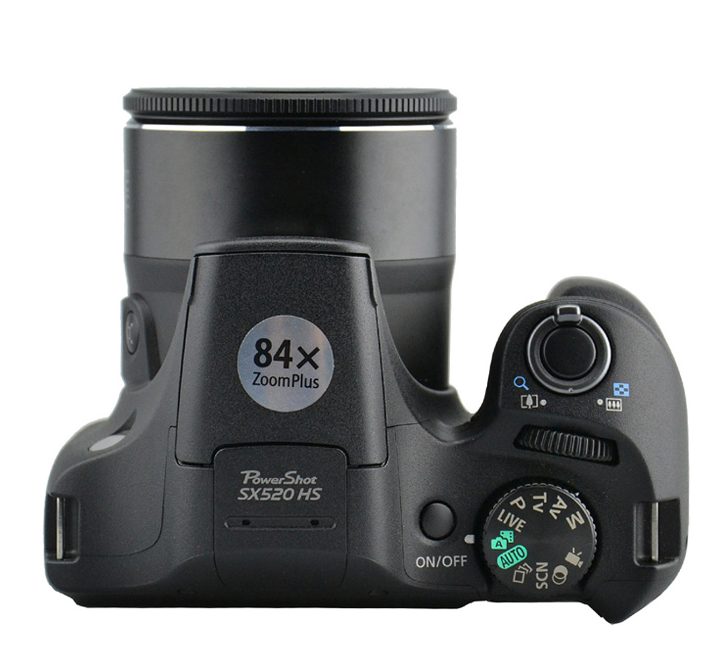 Eine schwarze Kamera mit Zoomobjektiv und verschiedenen Funktionsrädern, mit weißem Hintergrund.