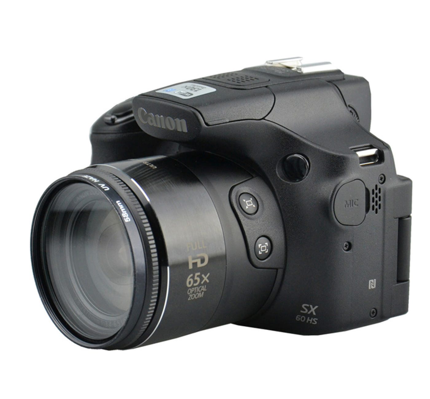 Schwarze Canon Kamera mit Zoomobjektiv.