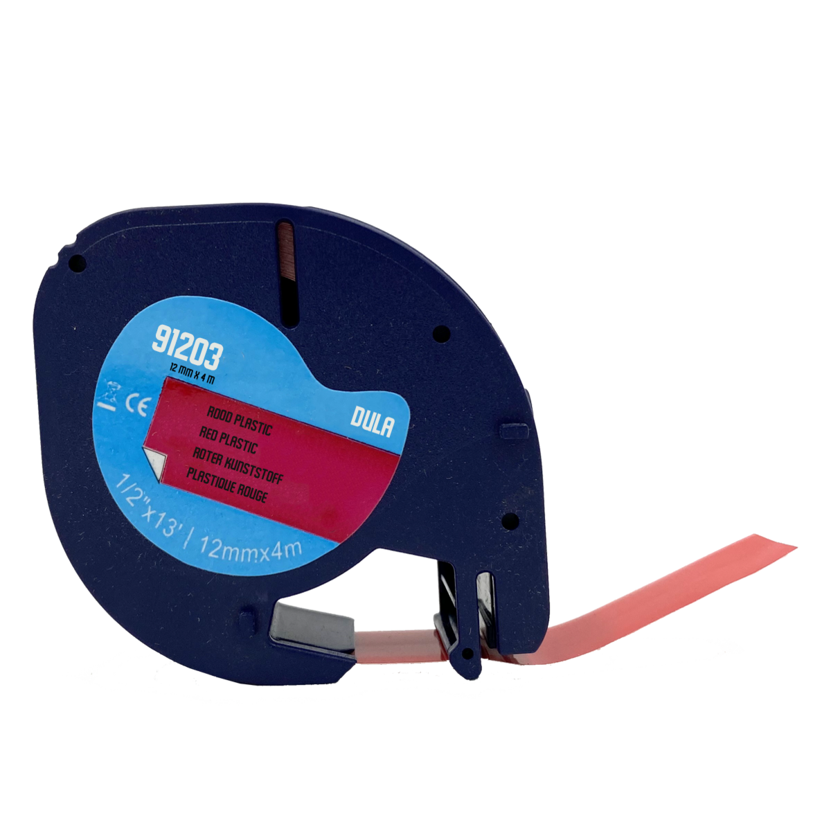 Blue tape measure with red plastic tape. Label shows text in multiple languages.