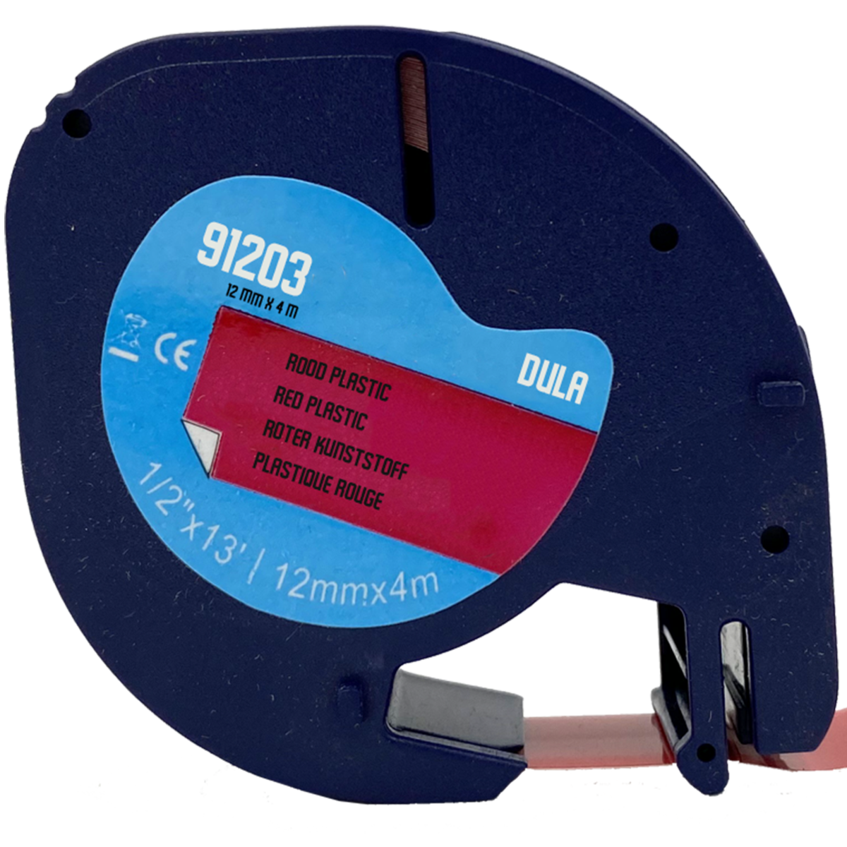 A blue tape measure with red text. The label says 'RED PLASTIC', '1/2"x13' / 12mmx4m'.
