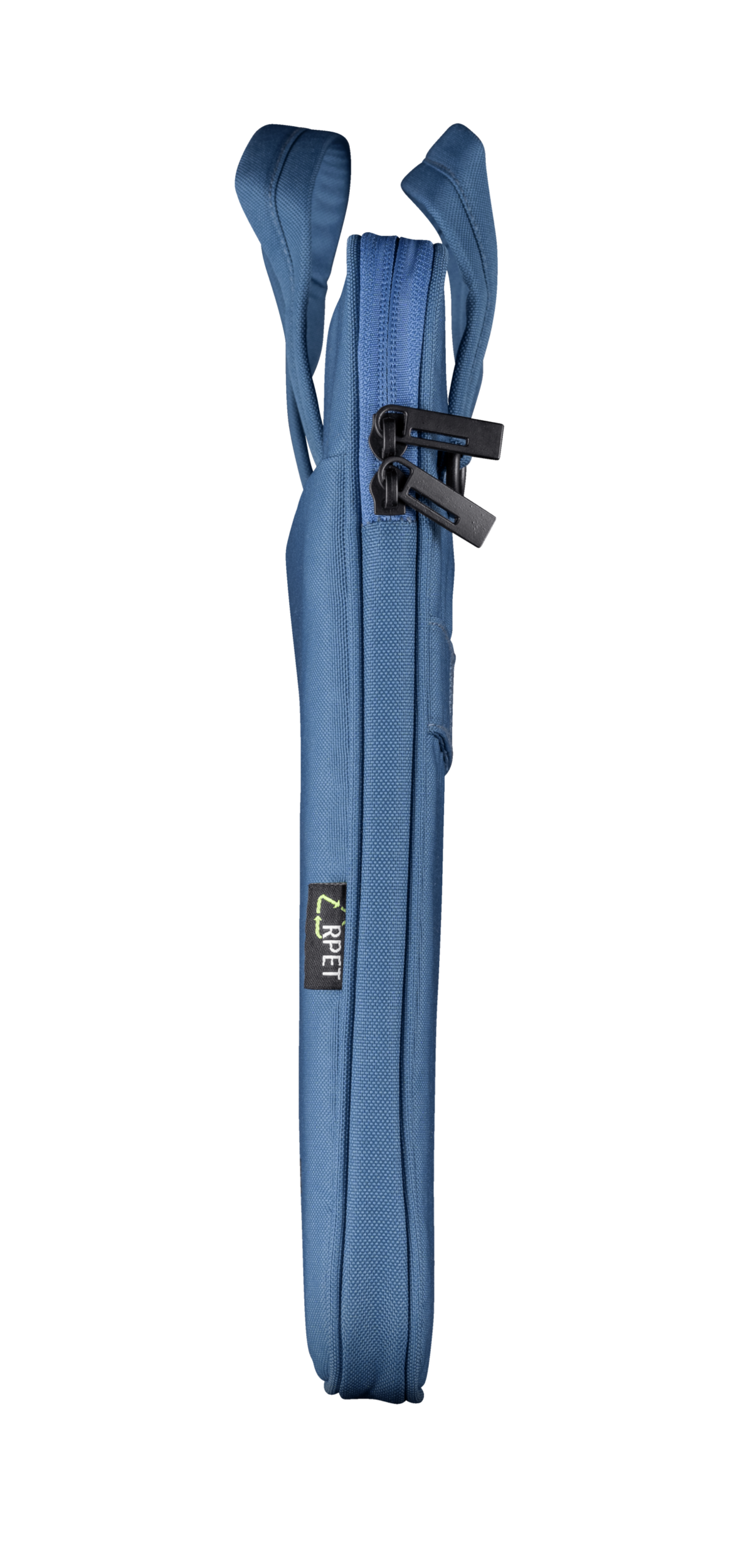 Niebieska torba na laptopa z zamkiem błyskawicznym, uchwyt u góry.