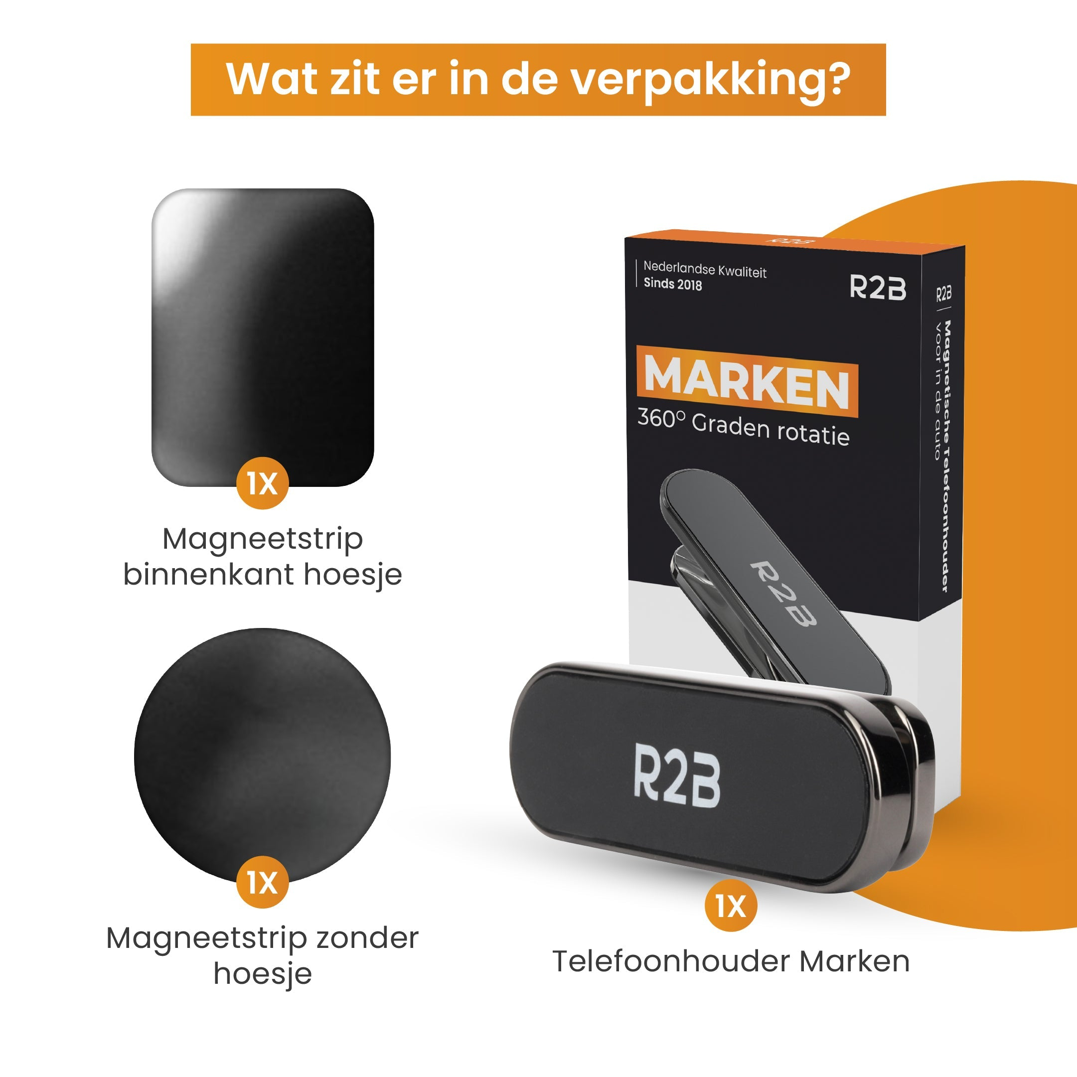 Inhoud van de verpakking: magnetische telefoonhouder, magneetstrips en houder.