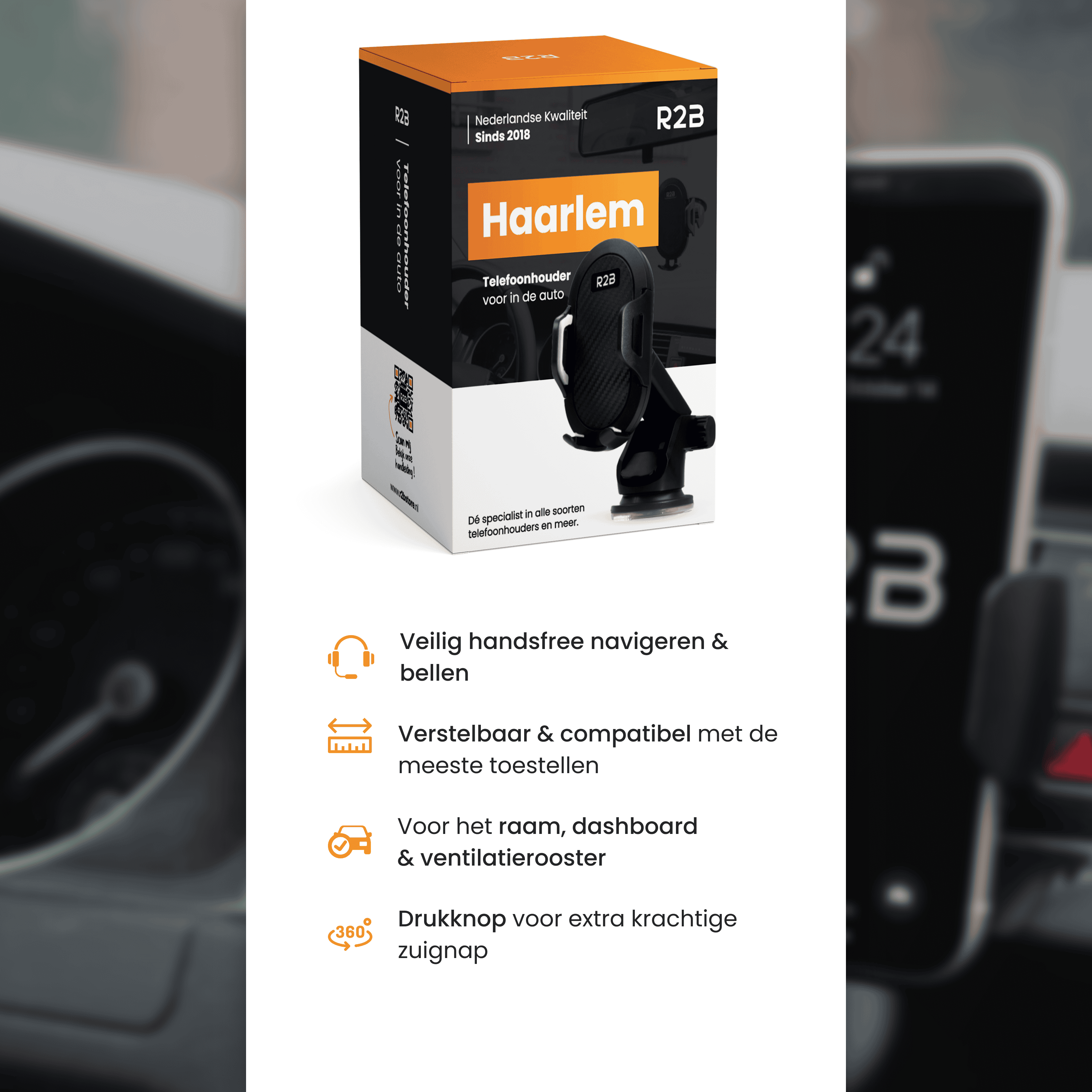 Emballage d'un support de téléphone de voiture avec des fonctionnalités: navigation mains libres, réglable, ventouse.