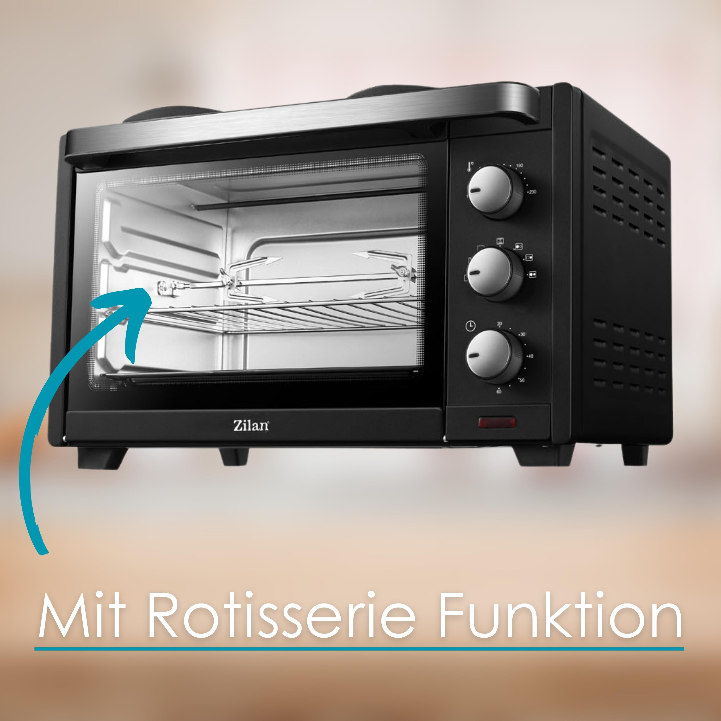 Ein schwarzer Zilan Mini-Ofen mit Rotisserie-Funktion, mit einem Pfeil, der auf das Innere zeigt.