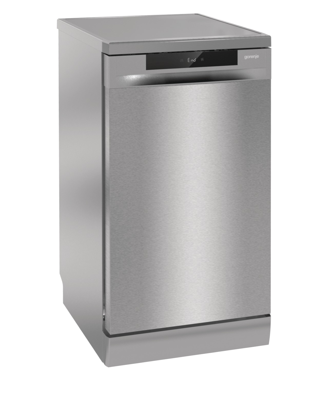 Silberner Geschirrspüler mit geschlossener Tür. Marke Gorenje. Weißer Hintergrund.