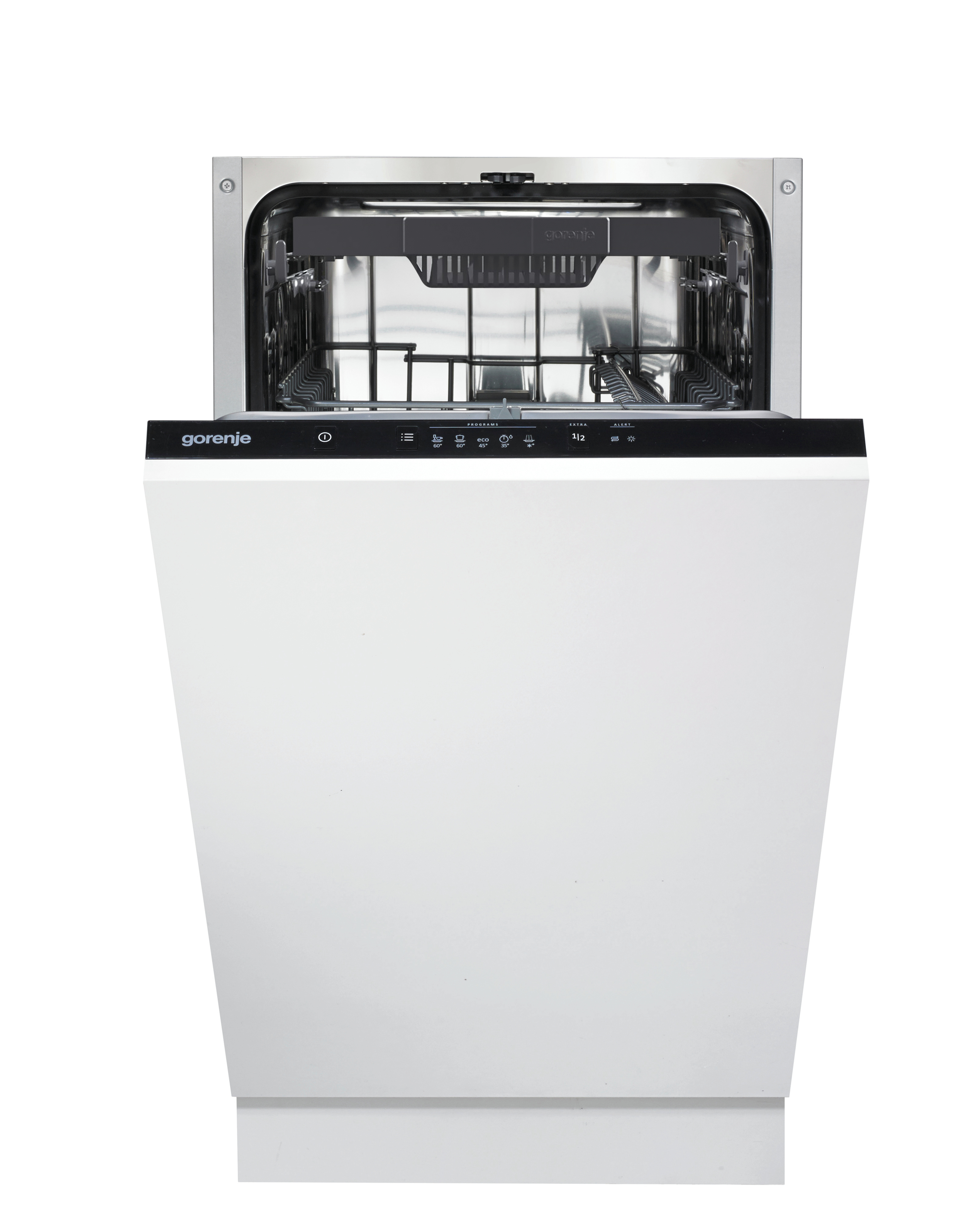 Ein weißer Gorenje Geschirrspüler mit weißer Front, Bedienfeld und offener Tür.
