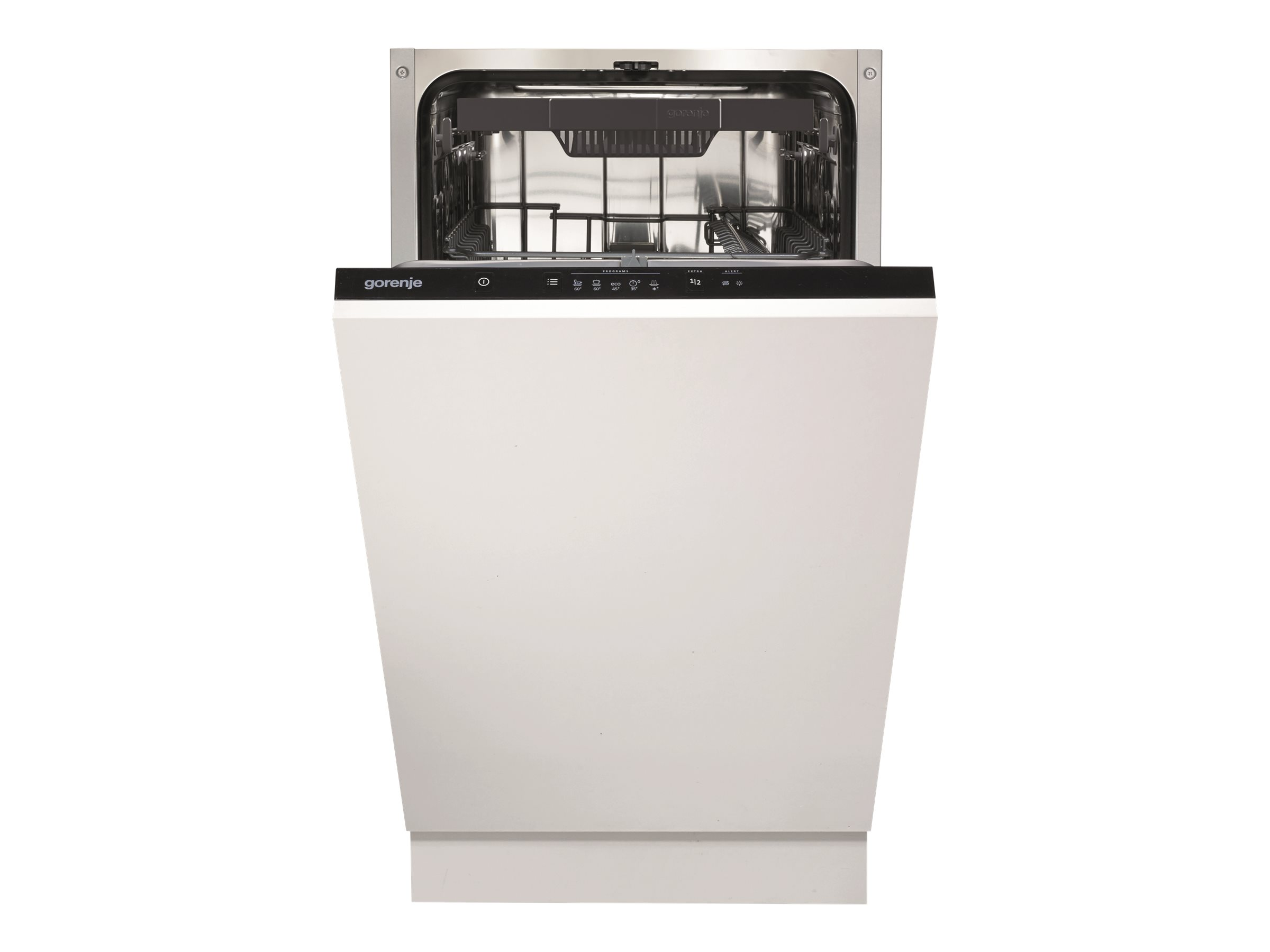 Weißer Gorenje Geschirrspüler mit offener Tür, Innenraum sichtbar. Bedienfeld ist schwarz, mit Display und Knöpfen.