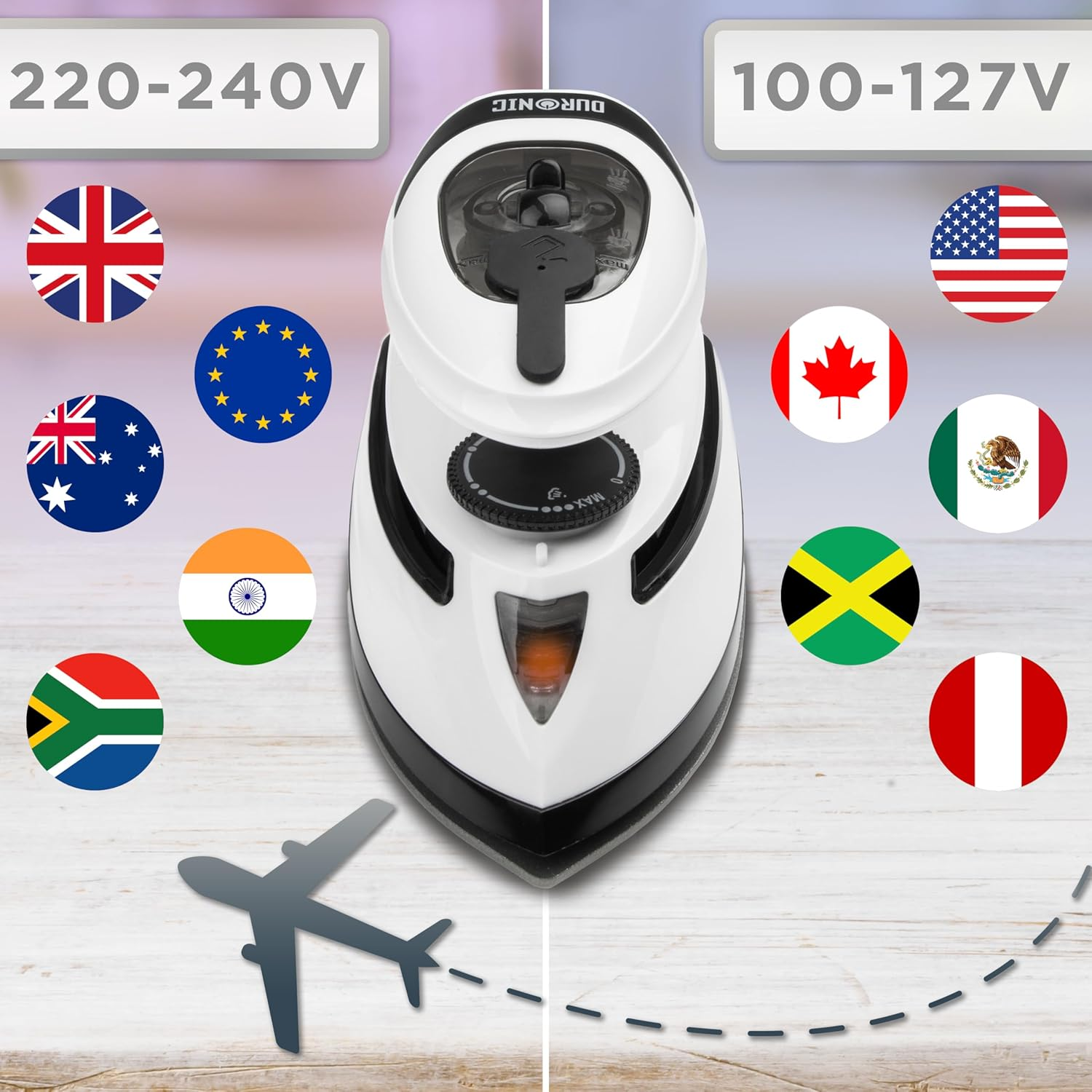 Ein weißes und schwarzes Bügeleisen mit Länderflaggen, einem Flugzeugsymbol und Spannungsangaben.