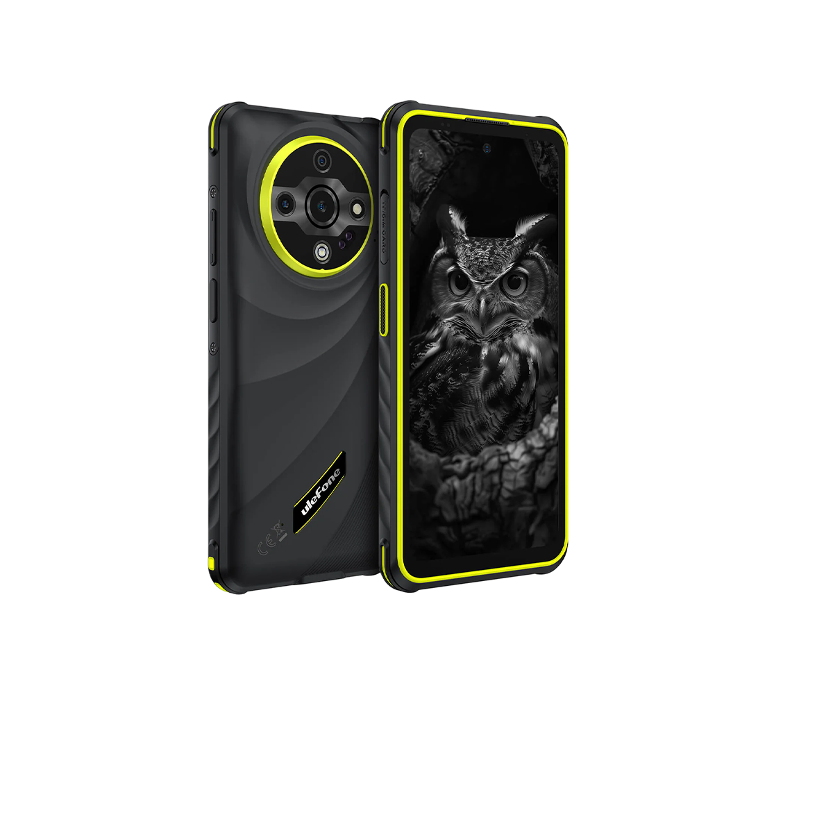 Smartphone nero con dettagli gialli. Tripla fotocamera, schermo con gufo.