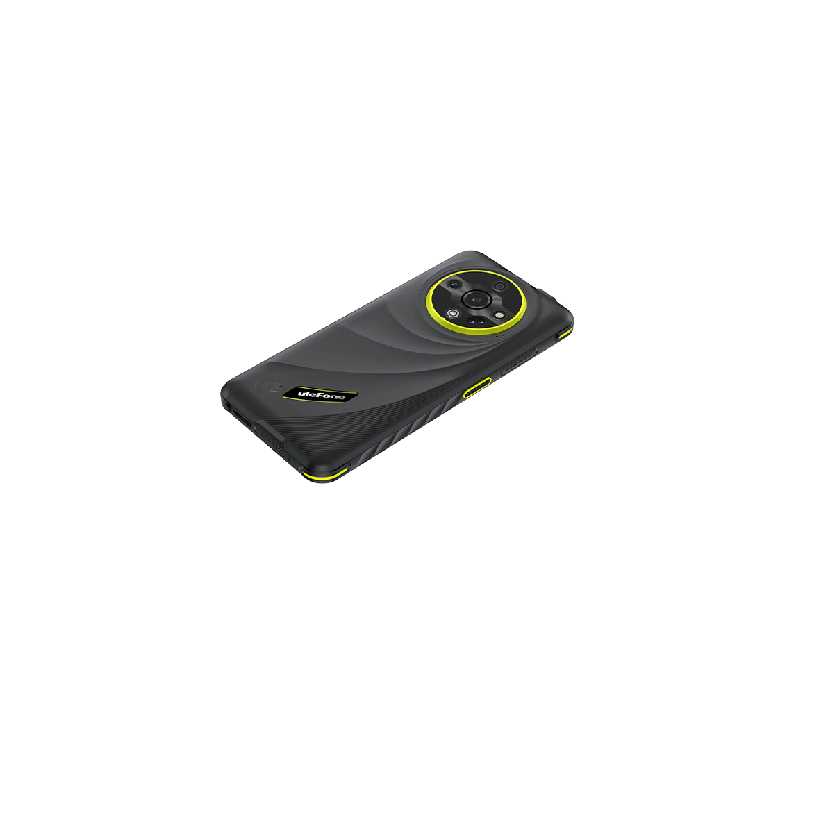 Smartphone nero con dettagli gialli. Vista posteriore con tripla fotocamera.