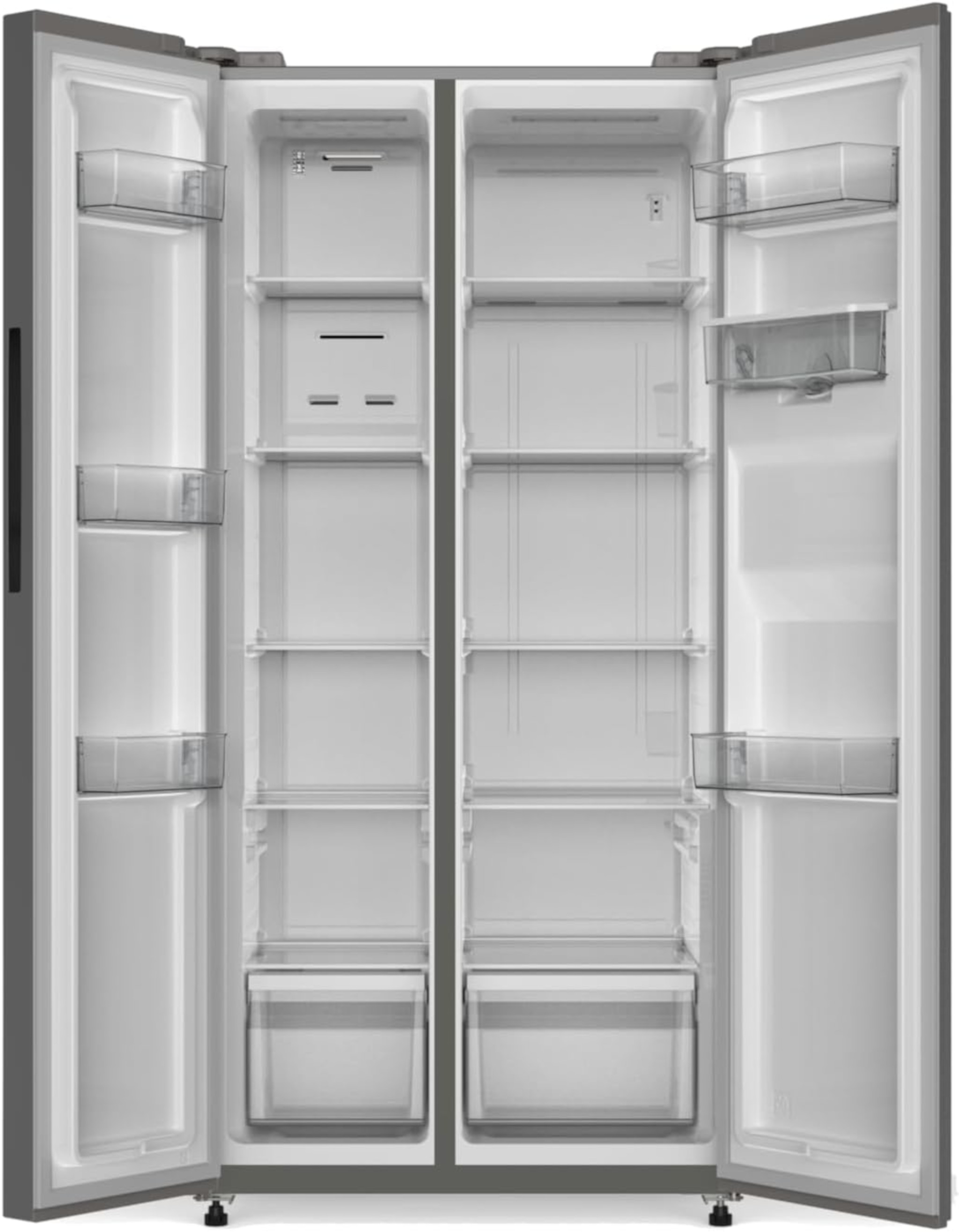 Offener Side-by-Side-Kühlschrank mit Regalen, Schubladen und transparenten Behältern.