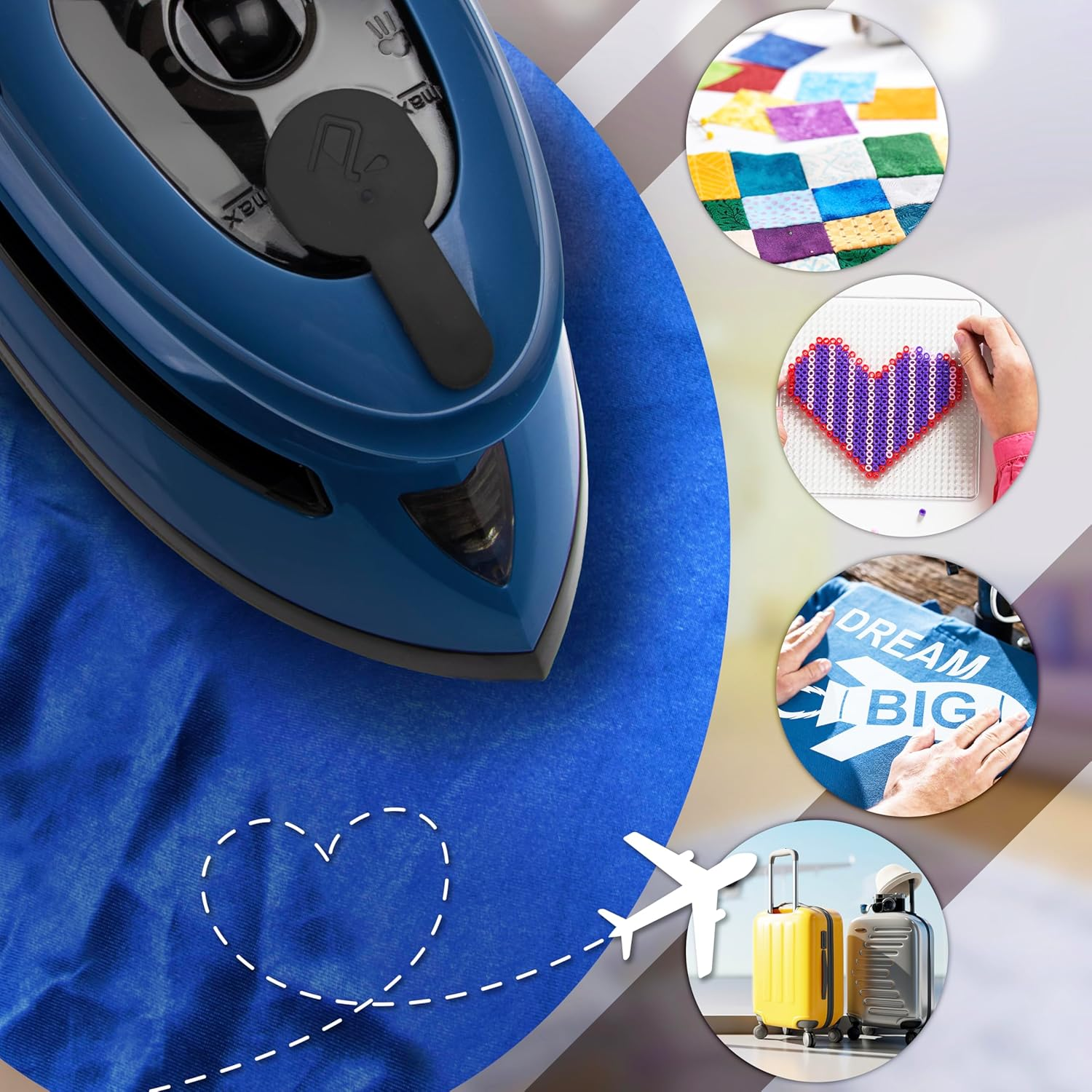 Blaues Bügeleisen auf blauem Tuch, mit Bastelbildern: Patchwork, Perlenherz, Dream Big, gelbe und graue Koffer.