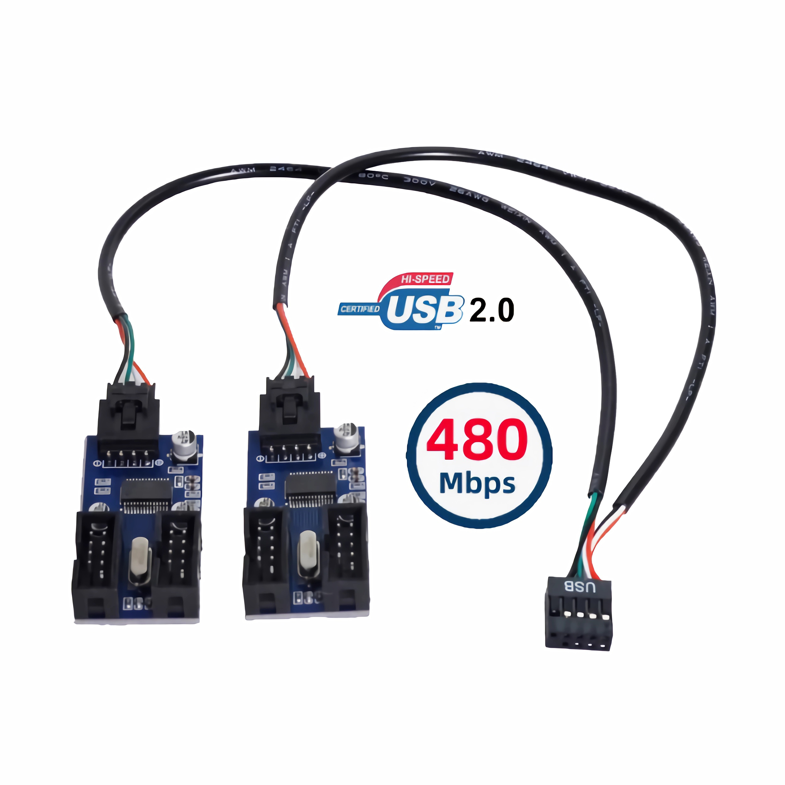 USB 2.0 Hi-Speed-Adapter mit zwei Anschlüssen und einem 480 Mbit/s-Label.