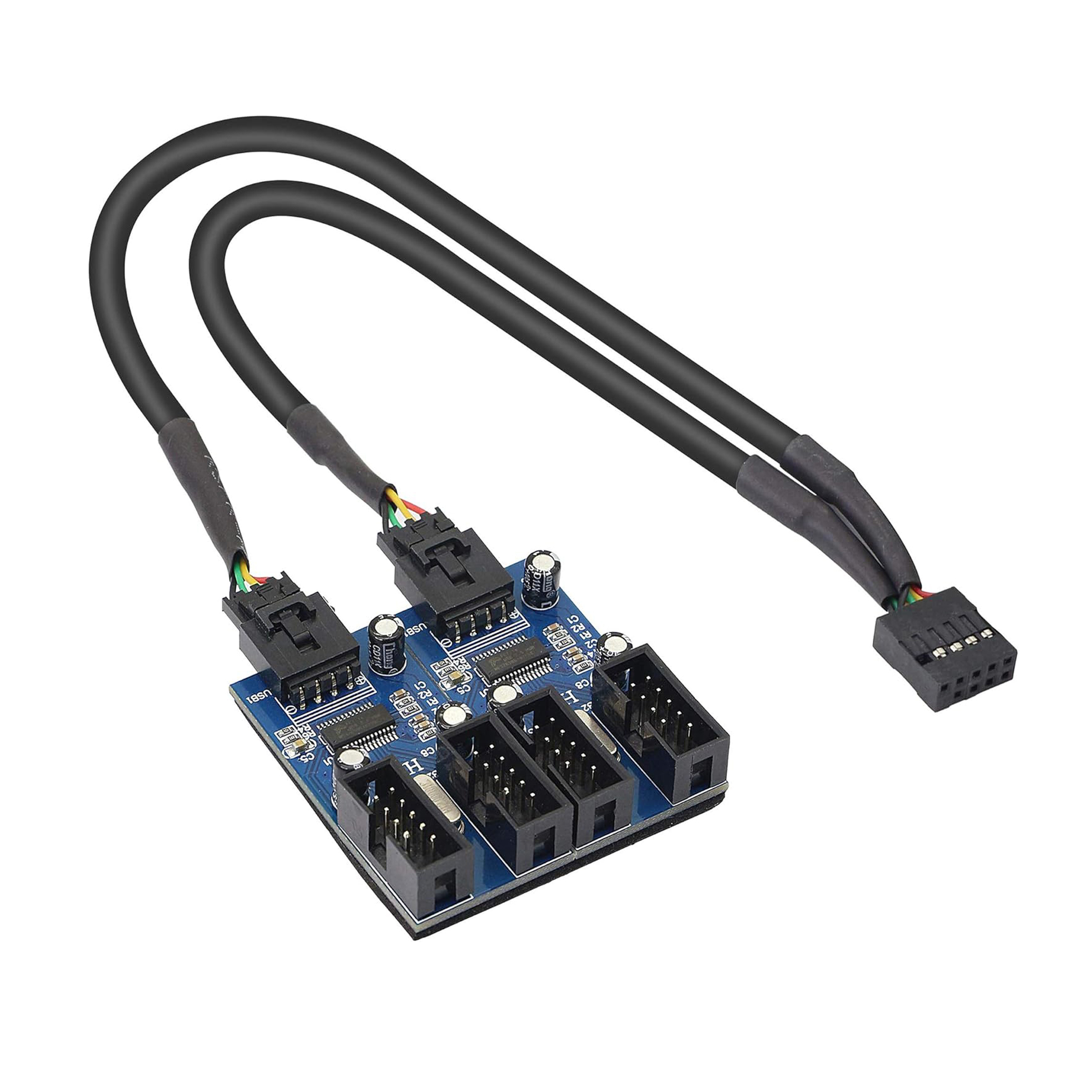 Ein blauer USB-Hub mit mehreren Anschlüssen und schwarzen Kabeln.