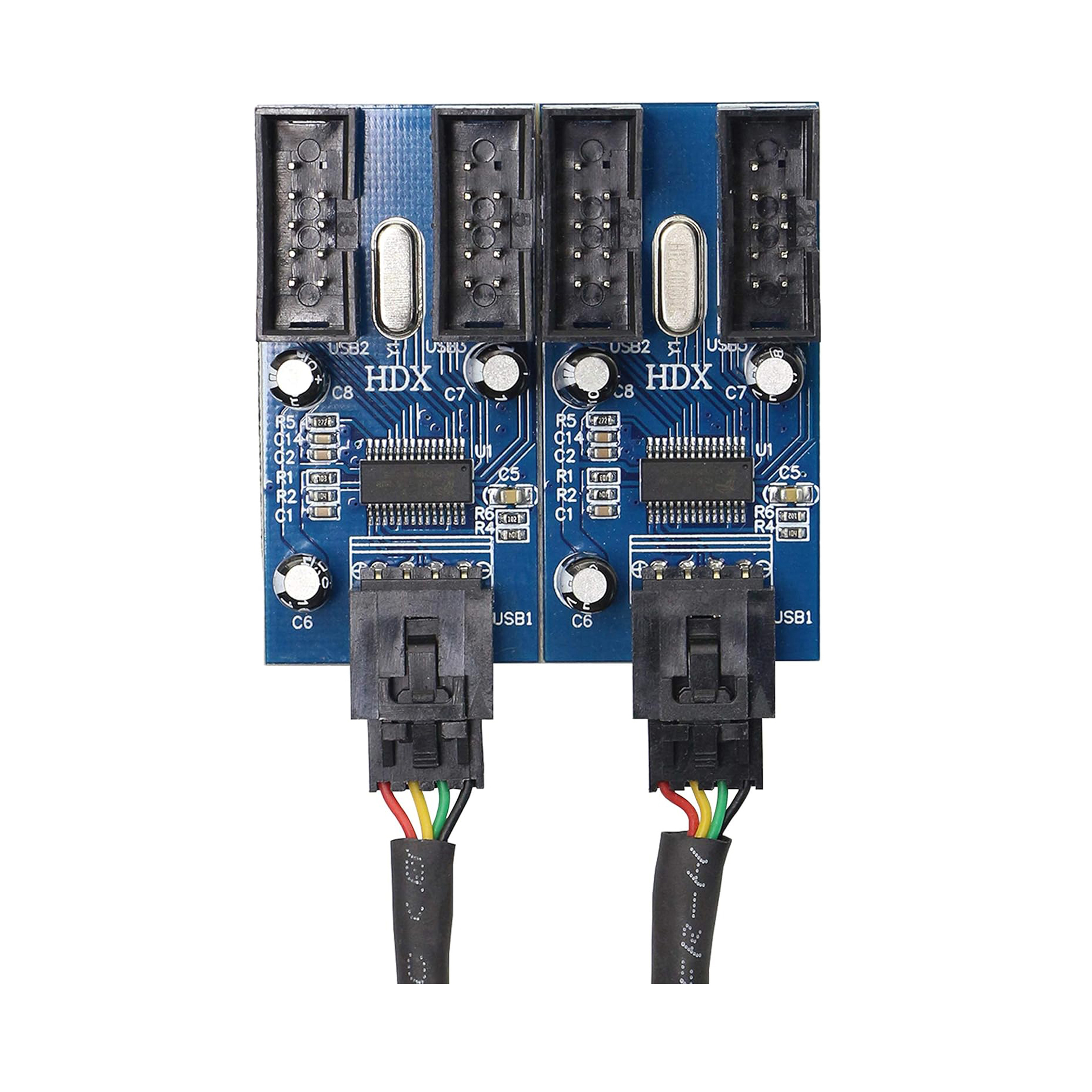 Zwei blaue USB 2.0-Port-Erweiterungskarten mit schwarzen Steckern und Kabeln.