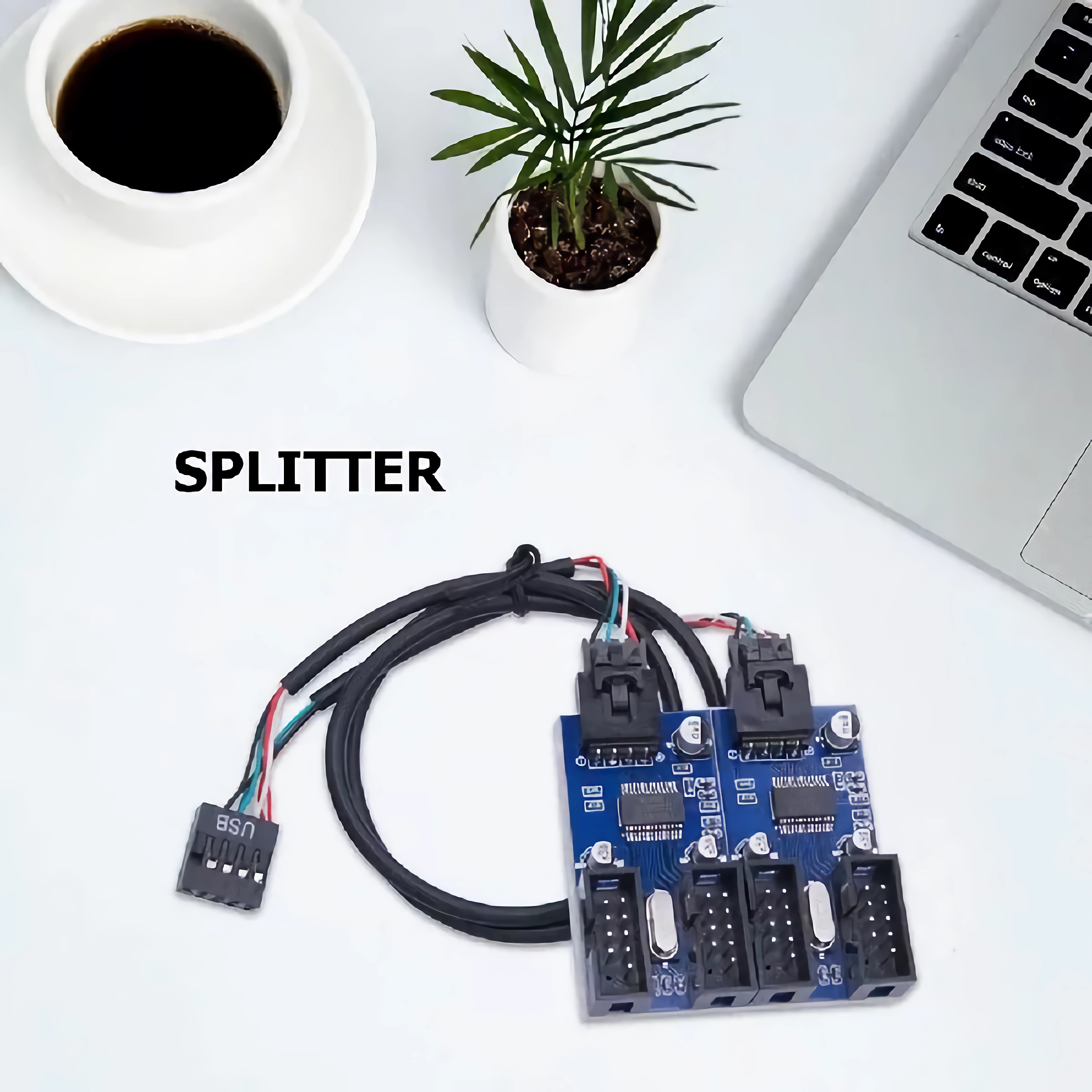 USB-Splitter mit schwarzem Kabel und ein Laptop, eine Pflanze und eine Kaffeetasse.
