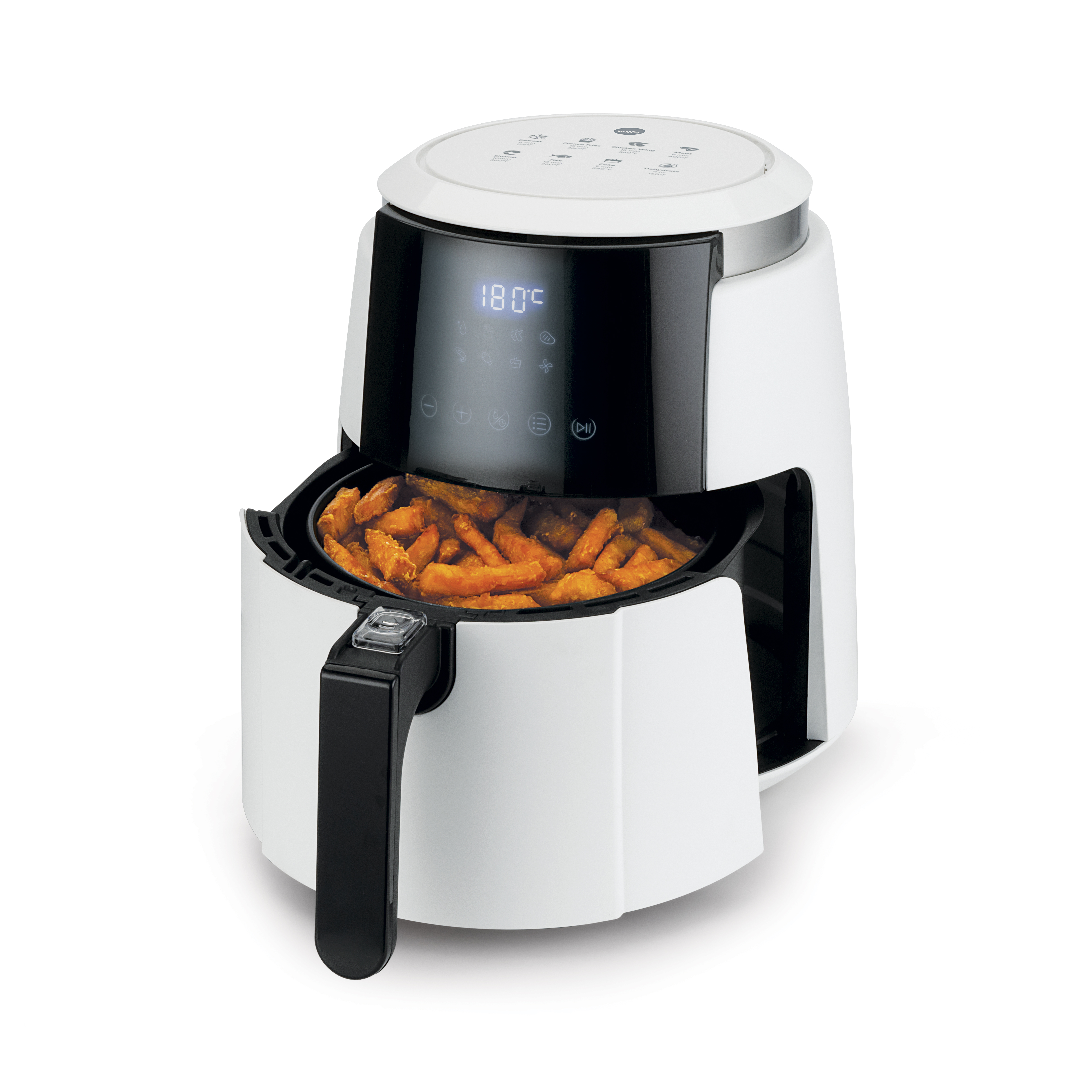 Weiß-schwarze Heißluftfritteuse mit Pommes Frites. Das Display zeigt 180 Grad.