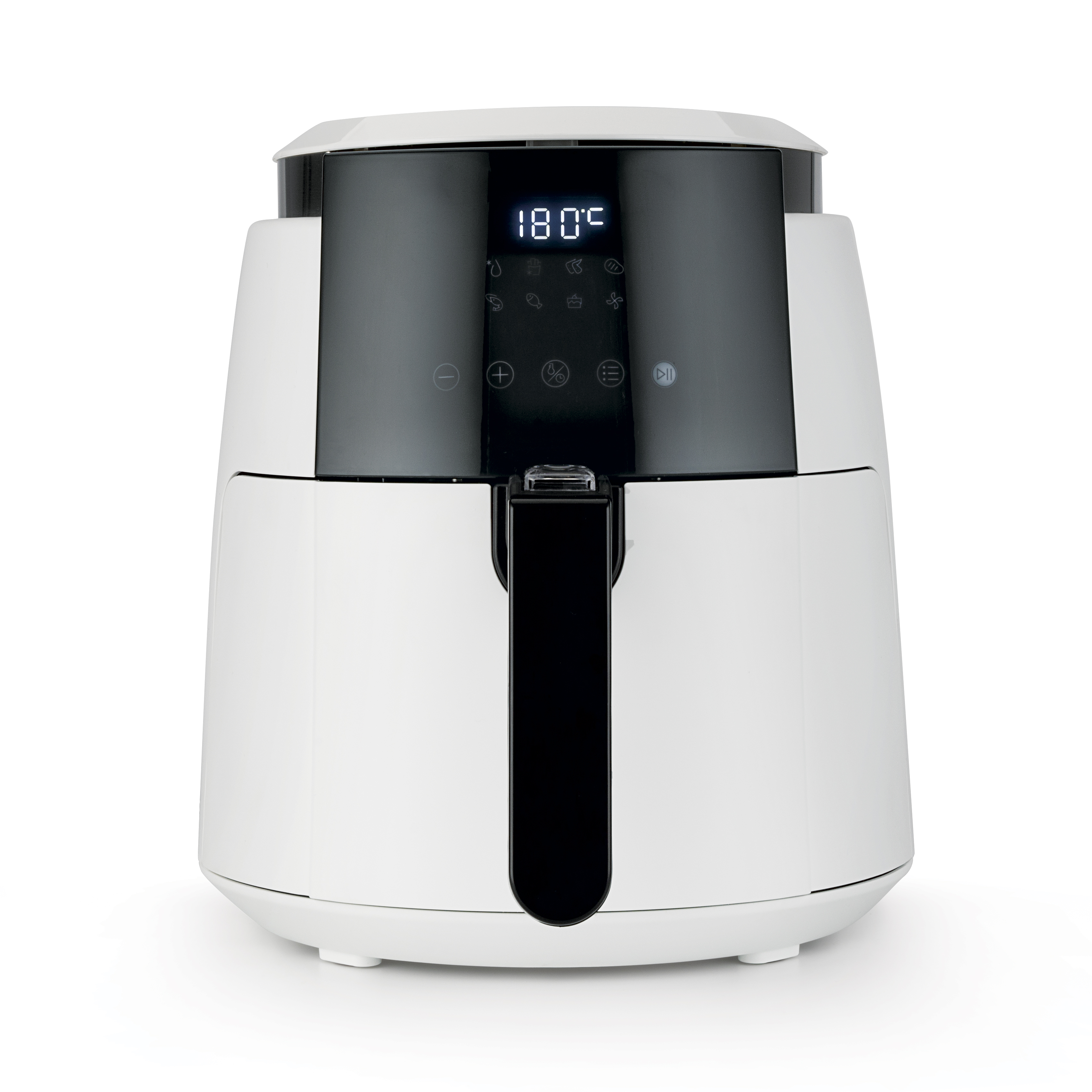 Weißer Airfryer mit schwarzem Griff und Digitalanzeige. Es hat einen schwarzen Deckel.