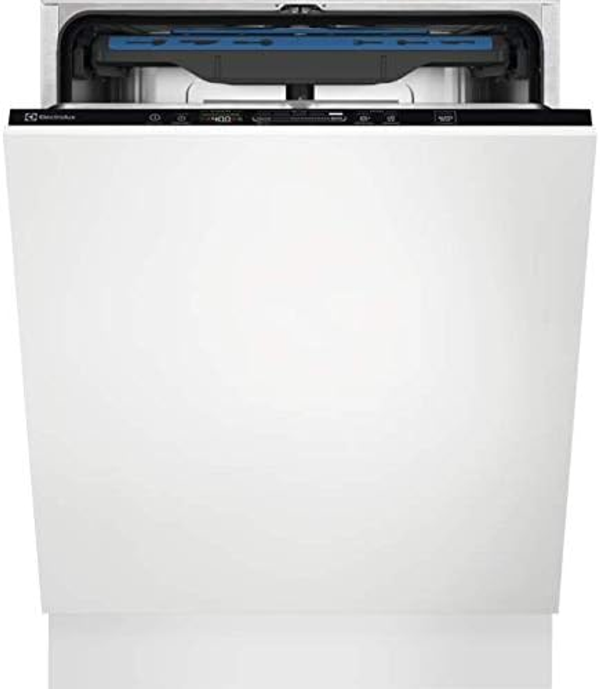 Lavavajillas Electrolux blanco con puerta cerrada. Panel de control negro en la parte superior.