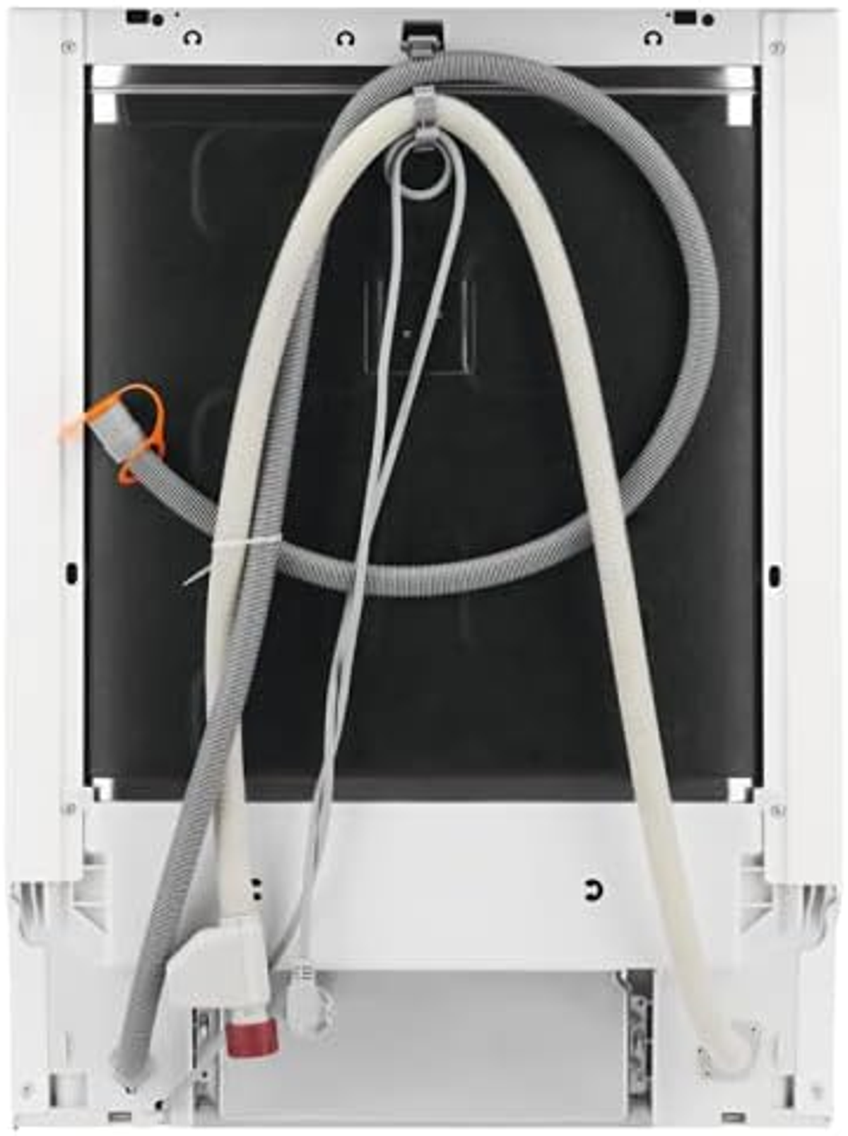 La parte trasera de un lavavajillas que muestra los componentes internos, incluyendo mangueras y conexiones.