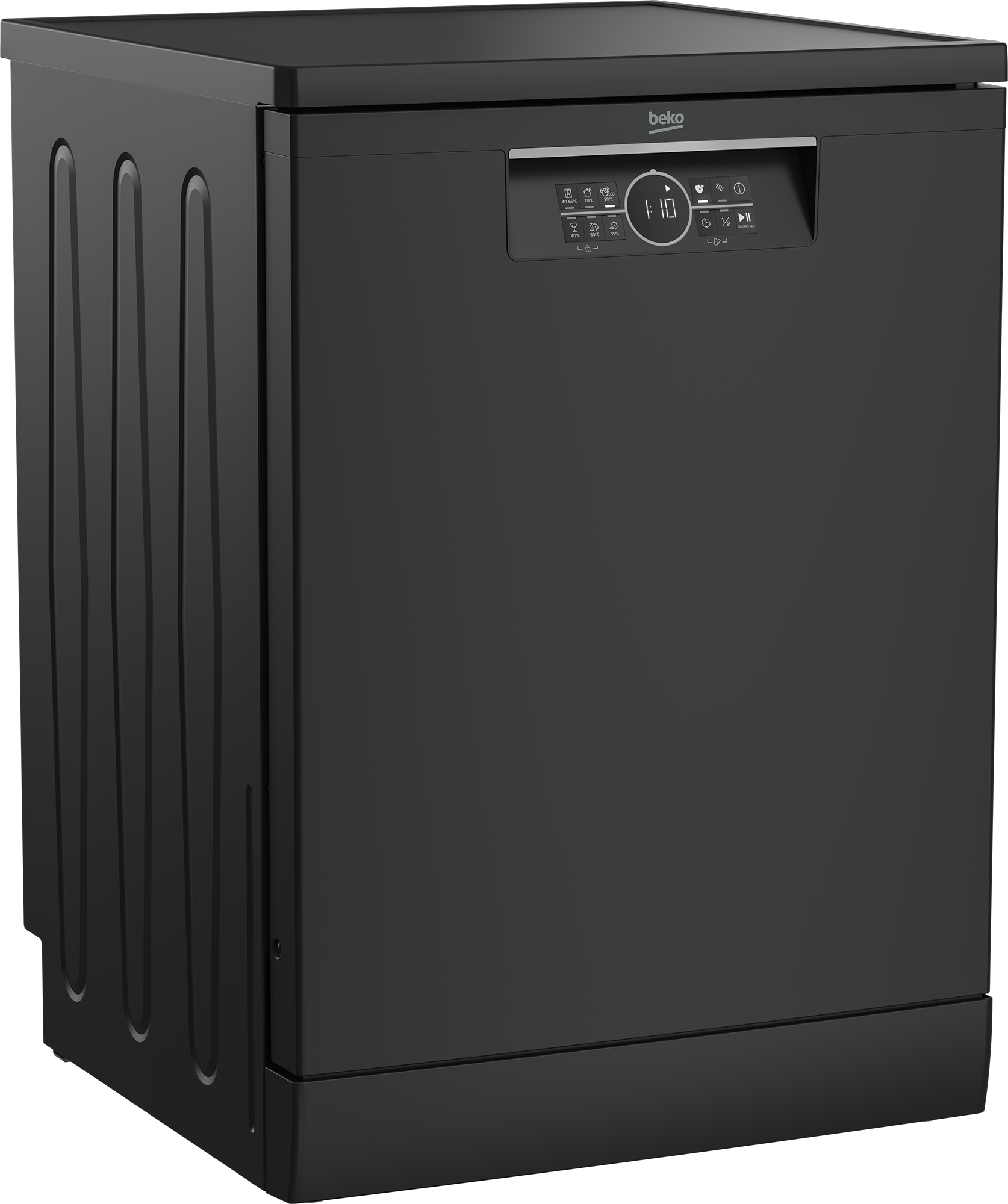 Lavastoviglie Beko nera. Porta chiusa, pannello comandi con display in alto.