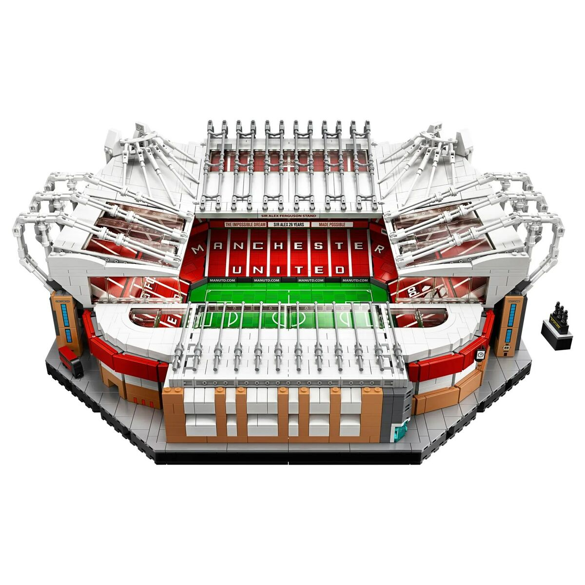Manchester United futbol kulübünün evi olan Old Trafford stadyumunun bir Lego modeli.