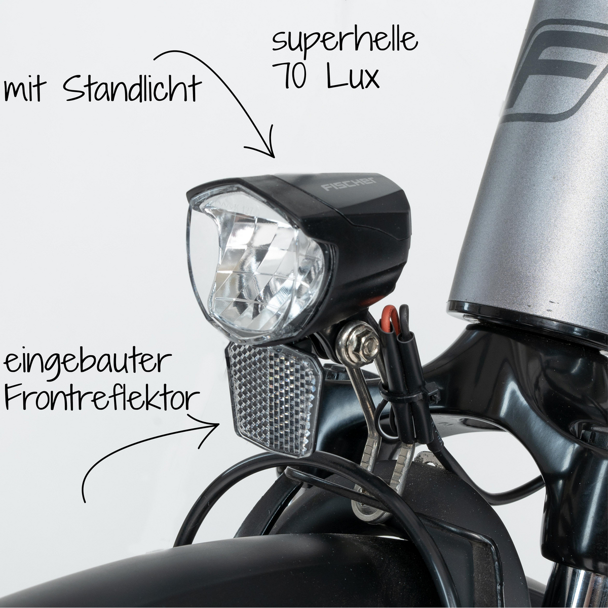 Fahrradscheinwerfer mit Reflektor, der die Licht- und Reflektordetails zeigt.