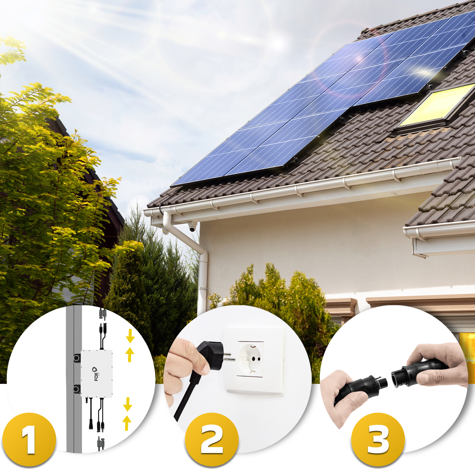 Solarpanel-Setup. Hände stecken schwarzen Stecker in Steckdose. Panels auf dem Dach im Hintergrund.