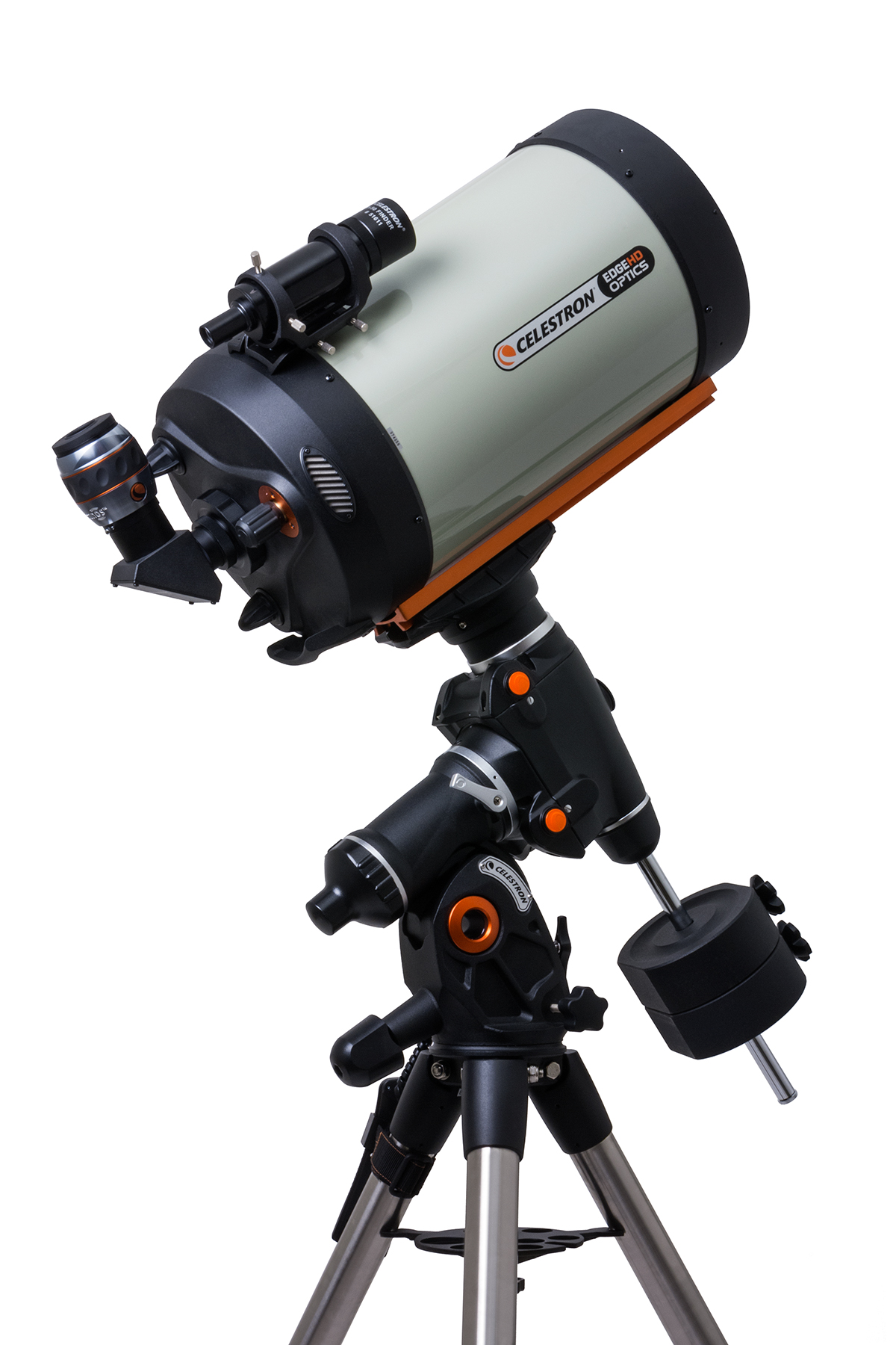 Celestron Teleskop auf Stativ, mit verschiedenen Komponenten, weißer Hintergrund.