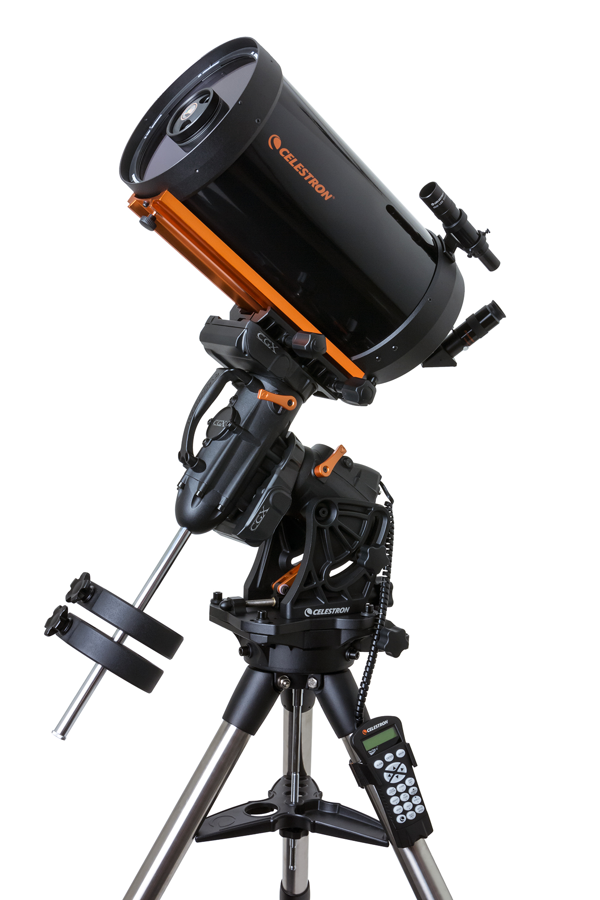 Ein schwarzes Teleskop auf einem Stativ mit orangefarbenen Akzenten auf weißem Hintergrund.