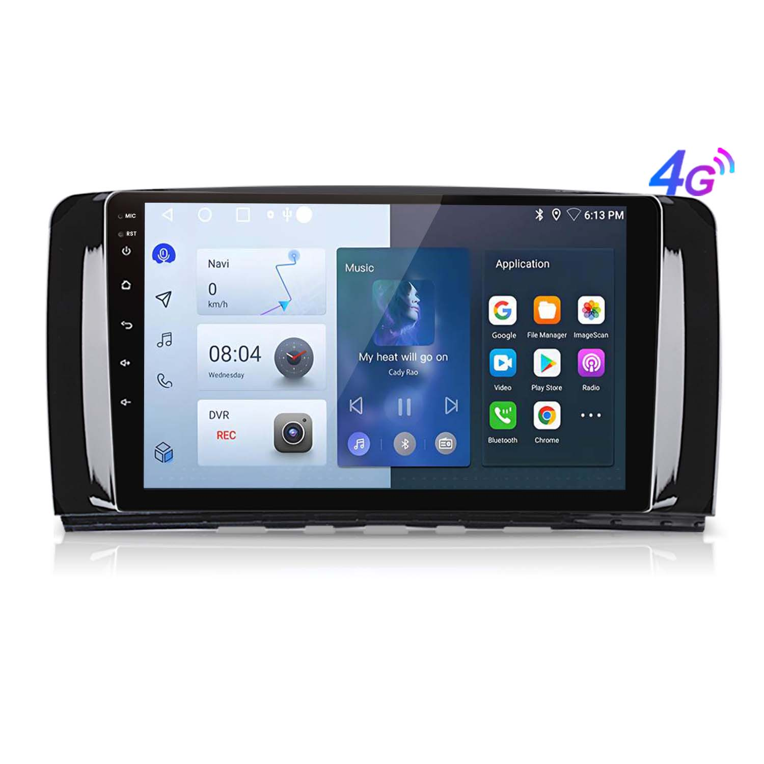 Ein Autoradio mit Touchscreen, das Apps und Navigation anzeigt. Hat einen schwarzen Rahmen und ein 4G-Symbol.