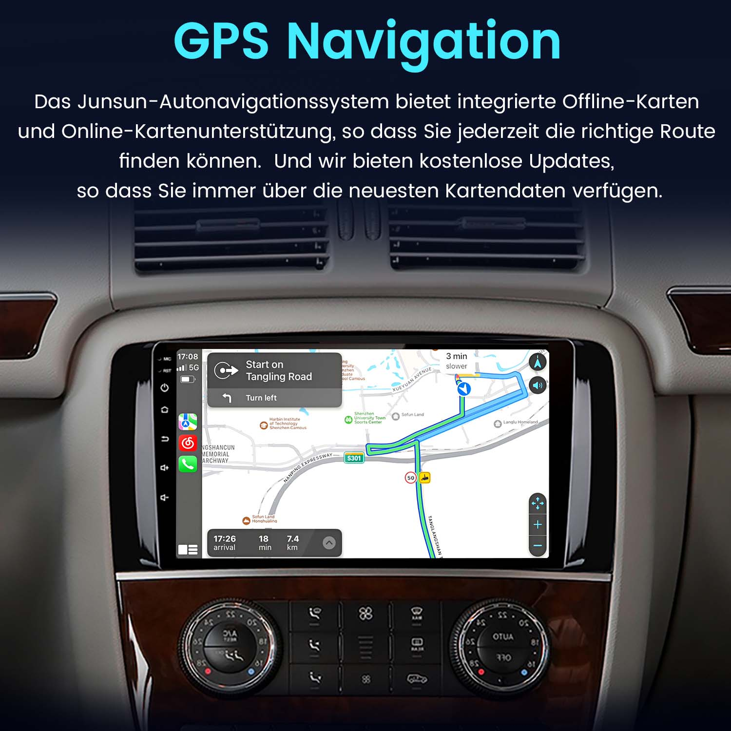 Armaturenbrett eines Autos mit einem GPS-Navigationsbildschirm. Der Bildschirm zeigt eine Karte und Navigationsanweisungen mit einer Route.