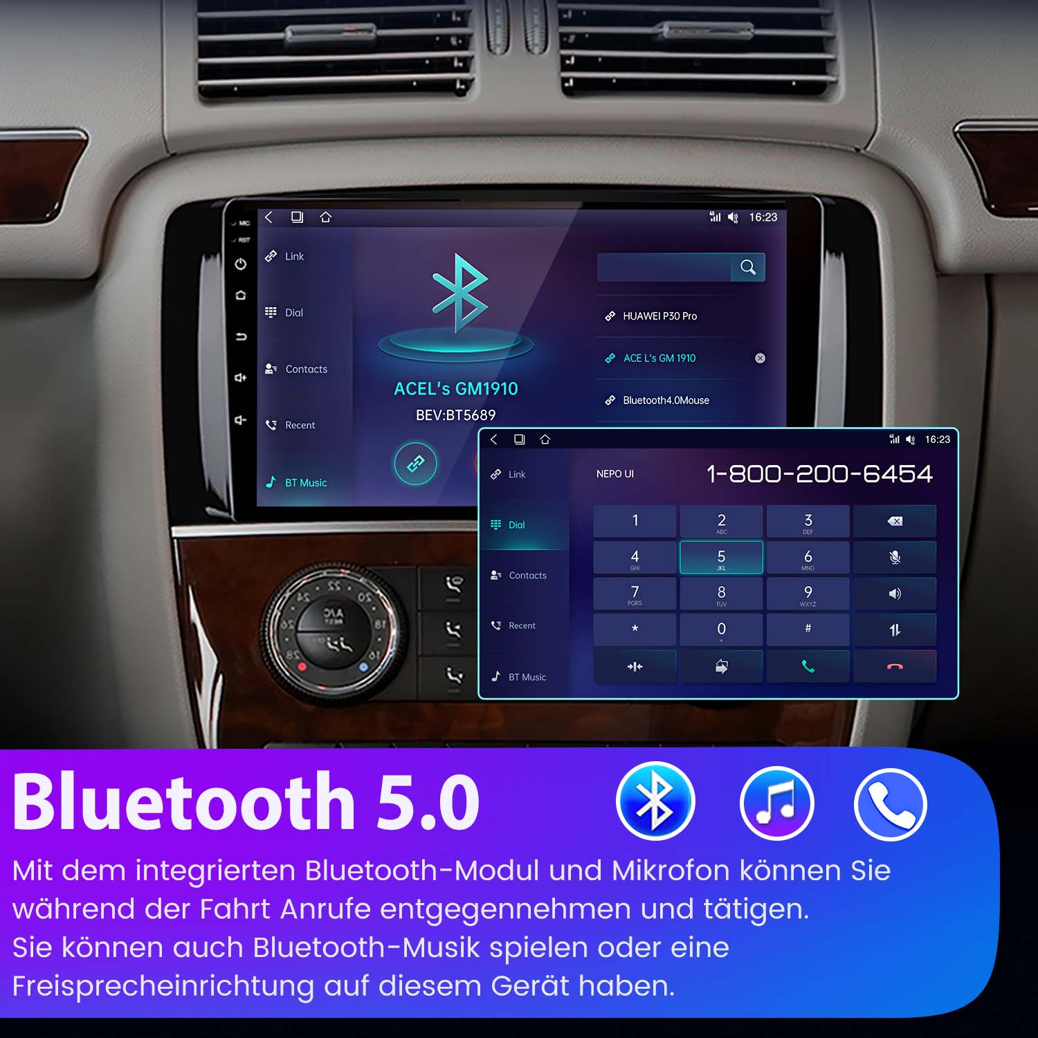 Armaturenbrett des Autos mit Bildschirm, der Bluetooth-Funktionen und ein Ziffernfeld zeigt. Bluetooth 5.0-Logo.