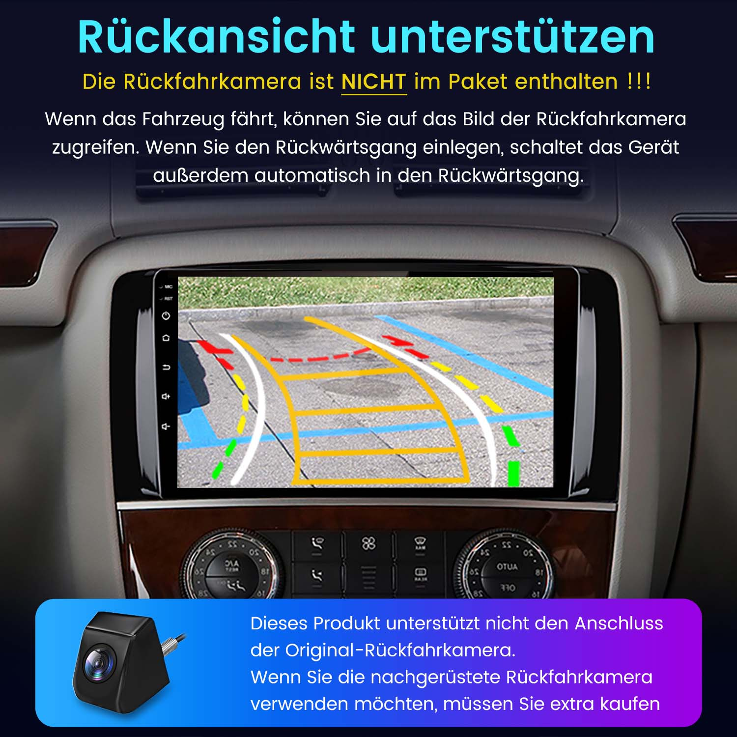 Armaturenbrett eines Autos mit Bildschirm, der eine Kameraansicht zeigt. Text auf Deutsch. Schwarze Kamera.