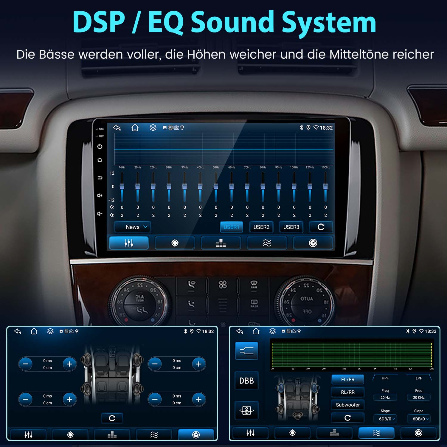 Das Armaturenbrett eines Autos mit EQ-Soundsystem-Anzeige, die verschiedene Einstellungen zeigt.