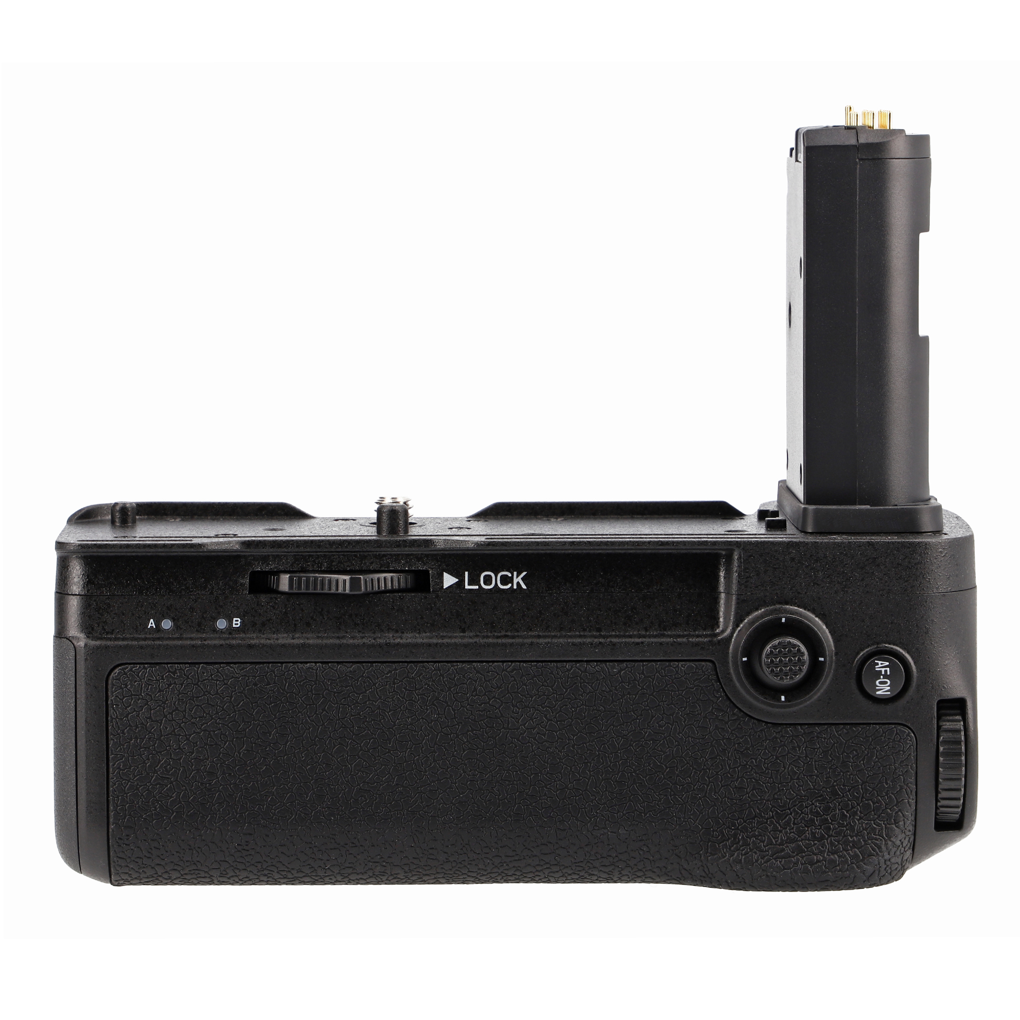 Schwarzer Kamerabatteriegriff mit Knöpfen, Einstellrad und Verriegelung. Mit Batteriefach.