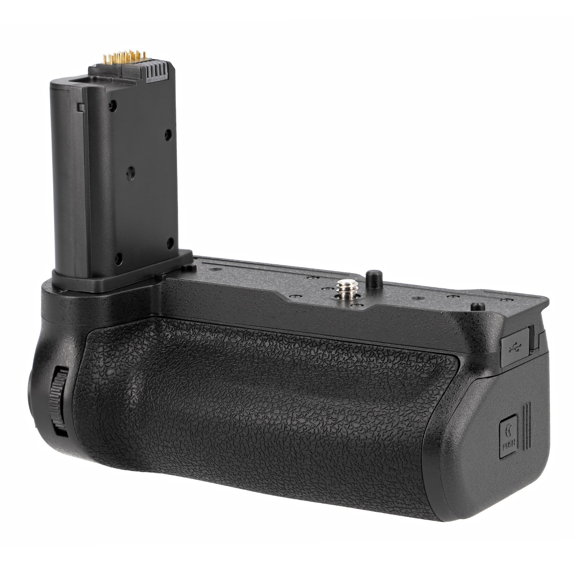 Schwarzer Kamera-Batteriegriff. Er hat einen strukturierten Griff und ein Batteriefach.
