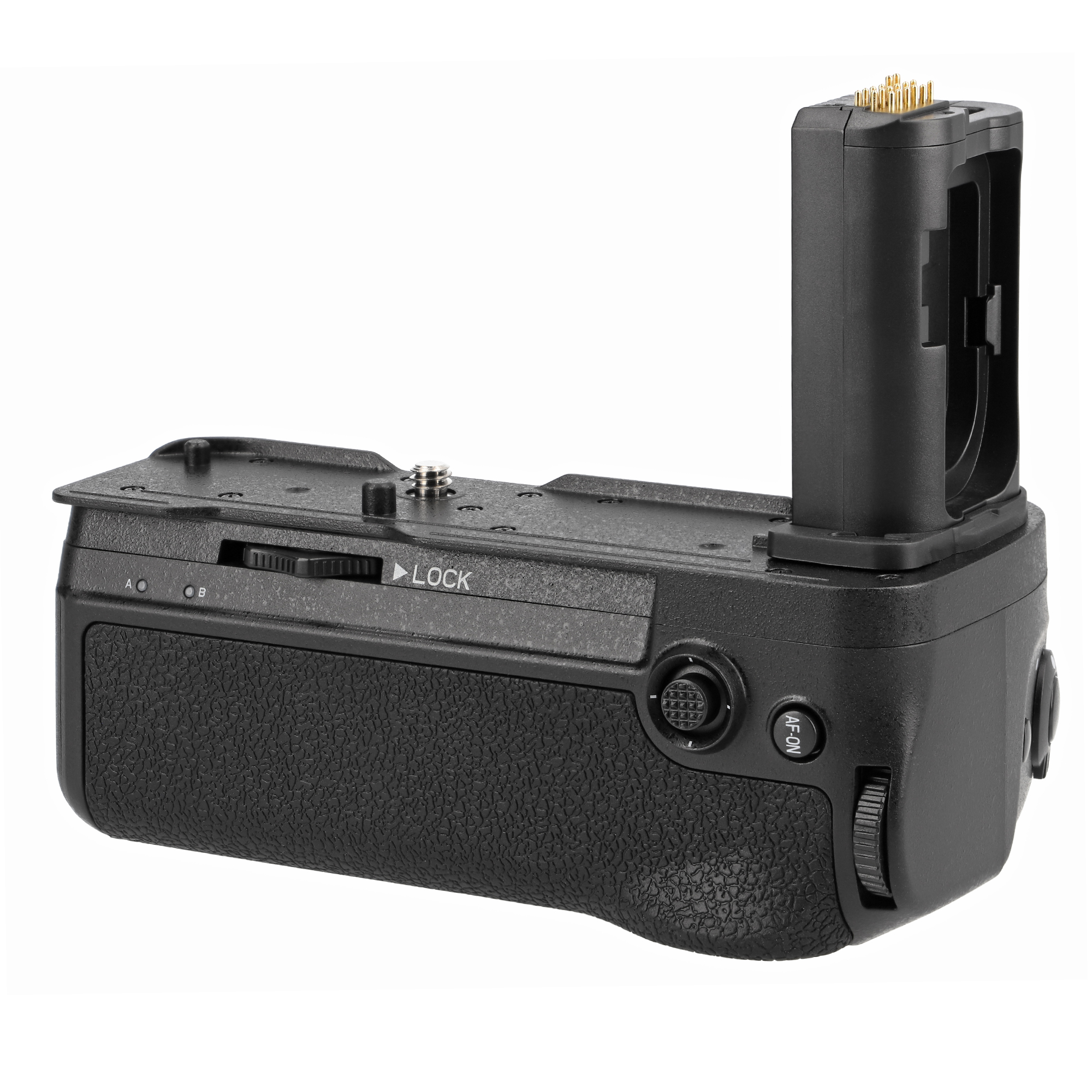 Schwarzer Kamera-Batteriegriff mit Bedienelementen, der zusätzliche Leistung und Handhabung bietet.