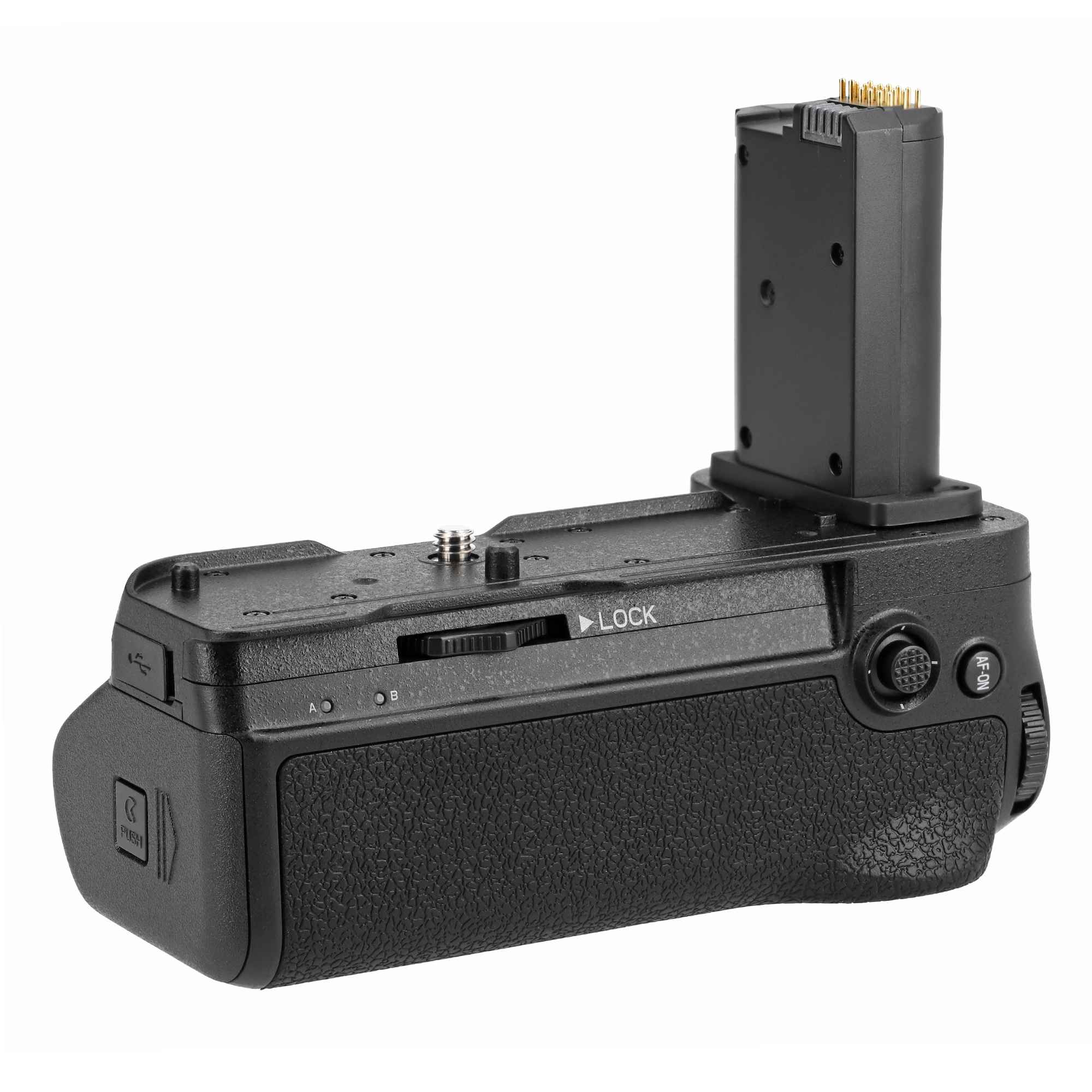 Schwarzer Kamerabatteriegriff mit Bedienelementen und offenem Batteriefach.