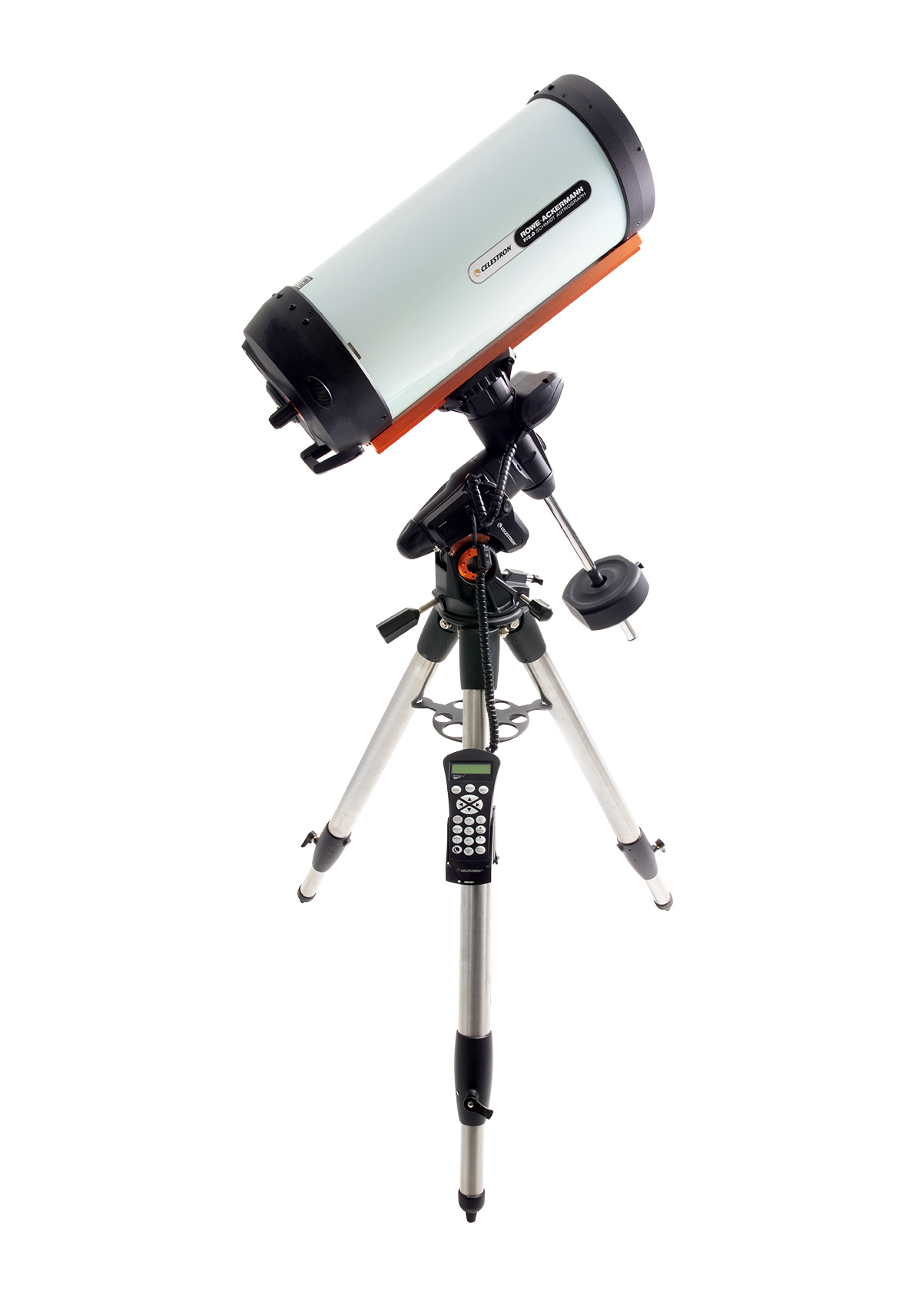 Celestron-Teleskop auf einem Stativ. Weißes Rohr, orangefarbene Akzente. Schwarzes Bedienfeld mit Bildschirm.