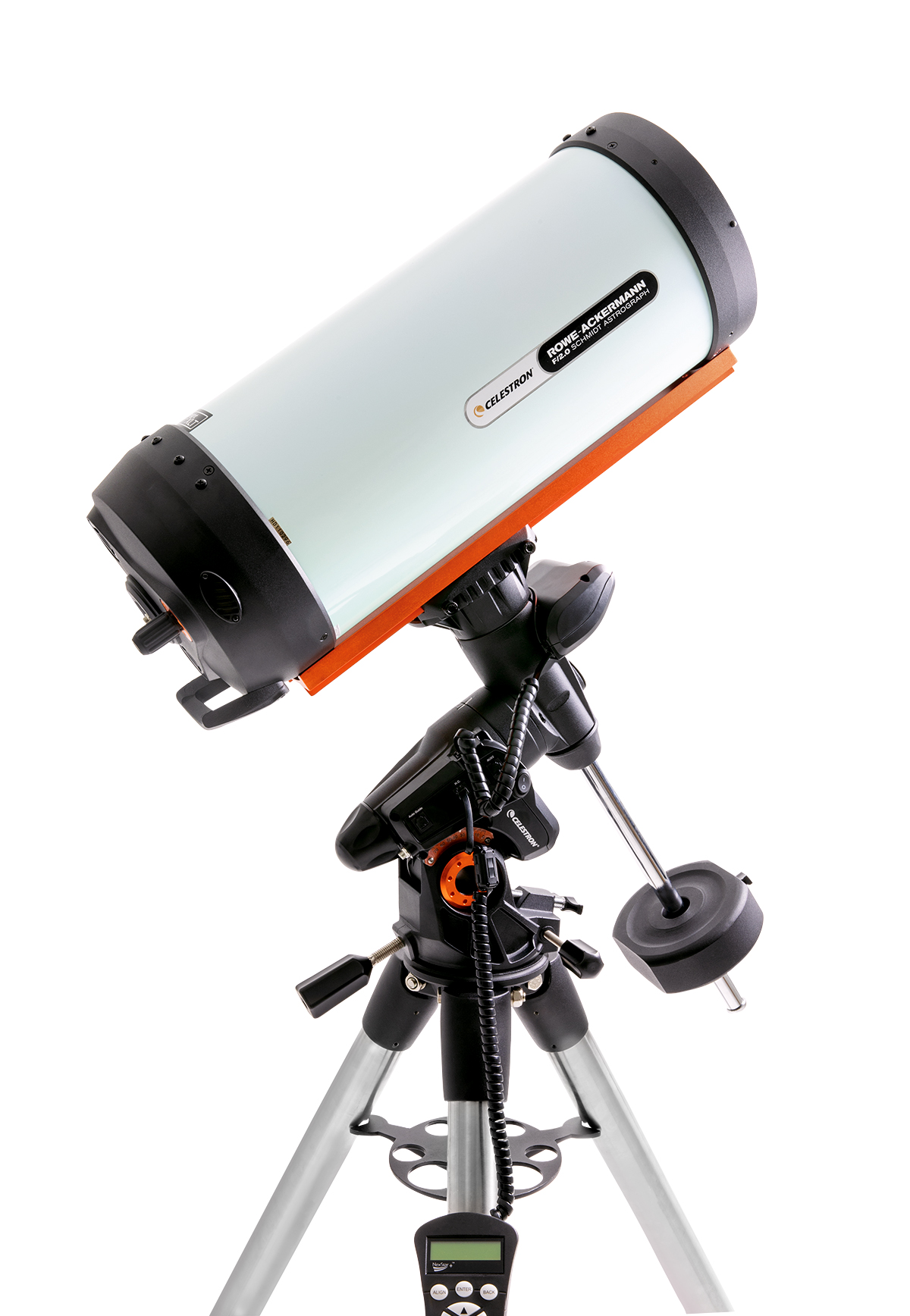 Ein Teleskop auf einem Stativ, mit hellblauer Röhre und orangefarbener Halterung.
