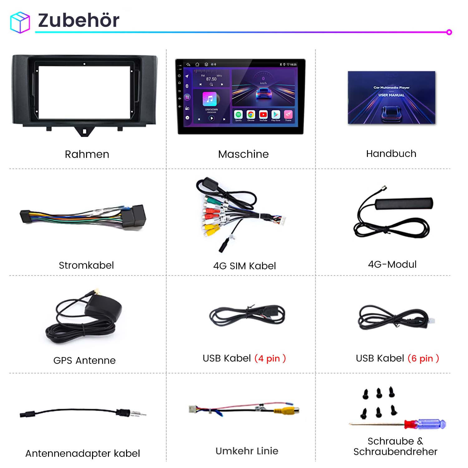 Verschiedenes Zubehör für Car-Multimedia-Player, einschließlich Rahmen, Kabel und Schraubendreher.