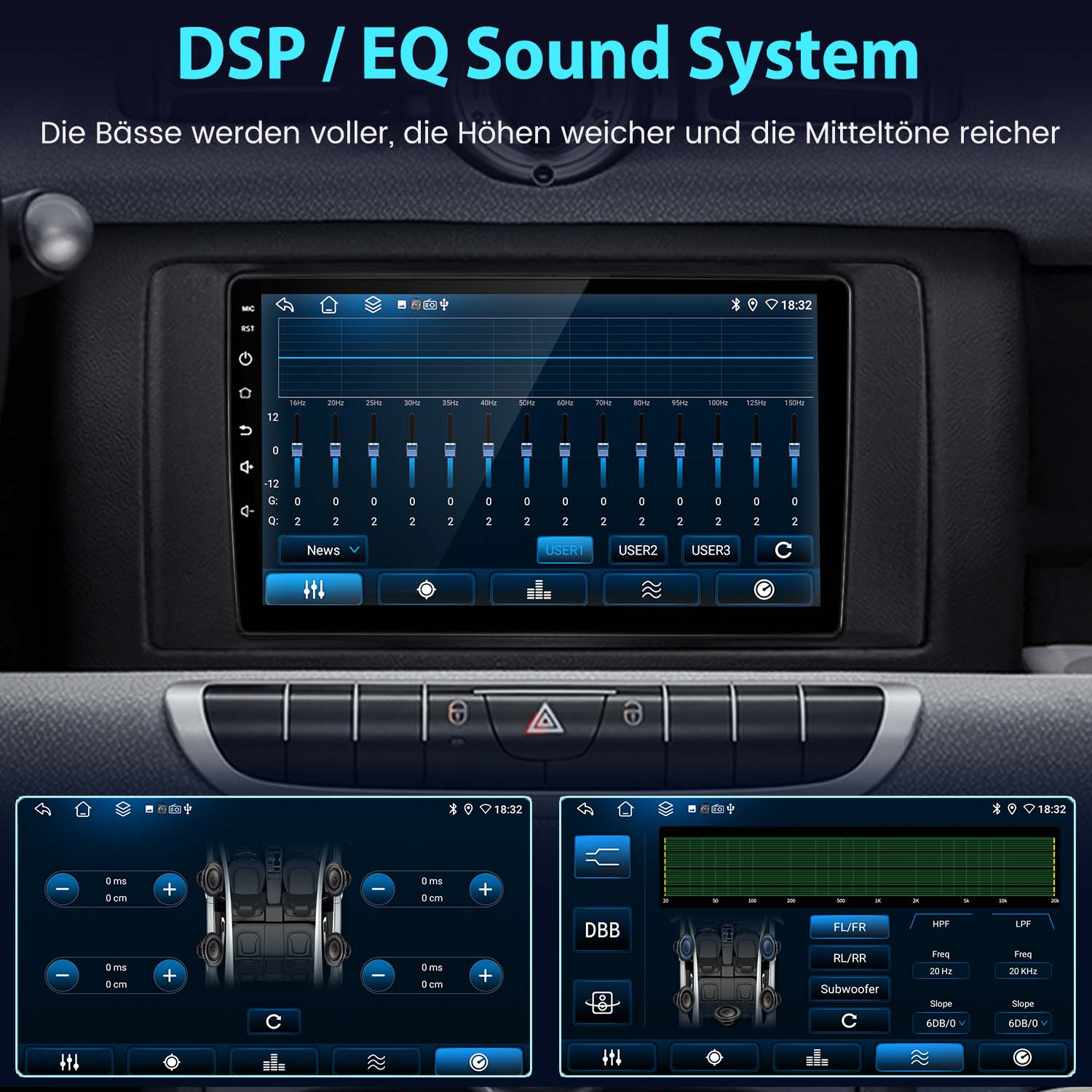 Auto-Dashboard-Bildschirm mit Sound-System-Einstellungen. Zwei kleinere Bildschirme zeigen Innendetails.