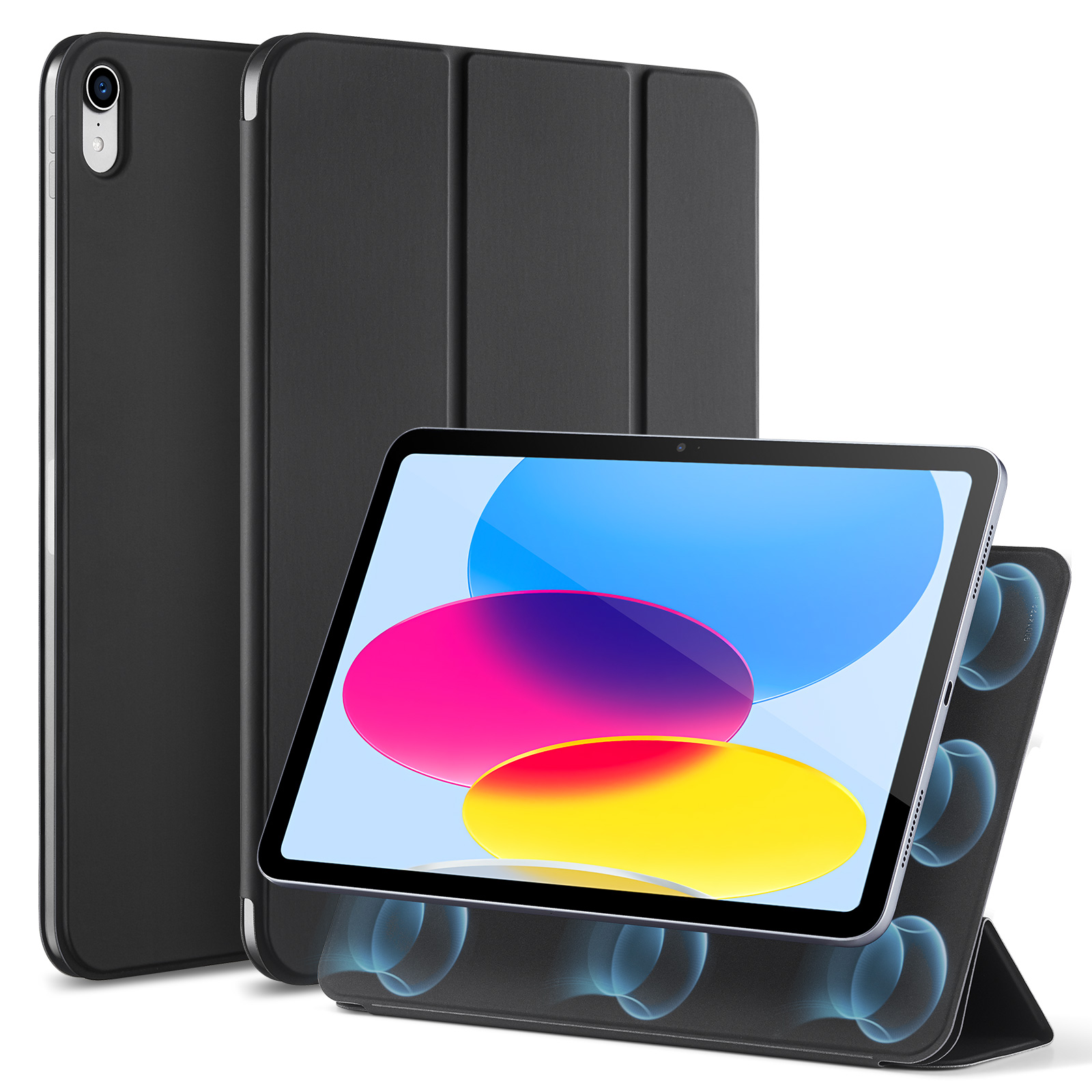 Schwarzes Tablet in einer schwarzen Hülle. Die Hülle ist offen.