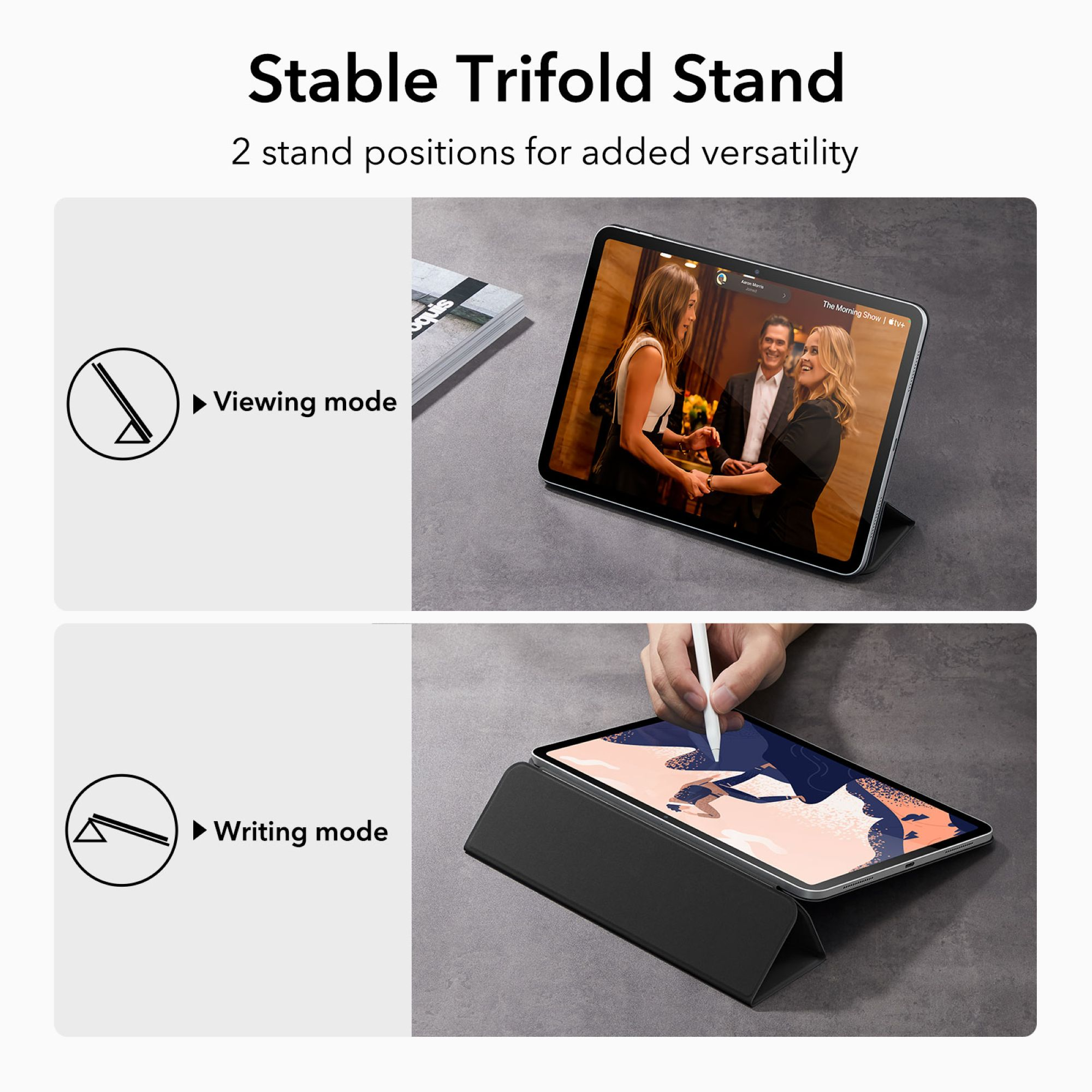 Tablet in einem Etui mit Stift auf einem Tisch.