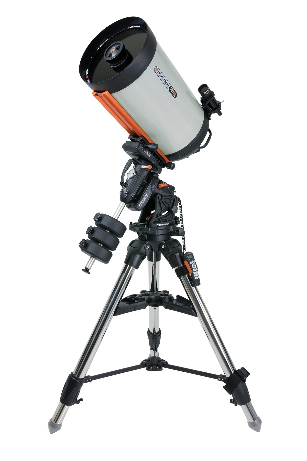Ein Teleskop auf einem Stativ. Es ist silber und orange, mit einer großen Linse. Das Stativ ist schwarz.